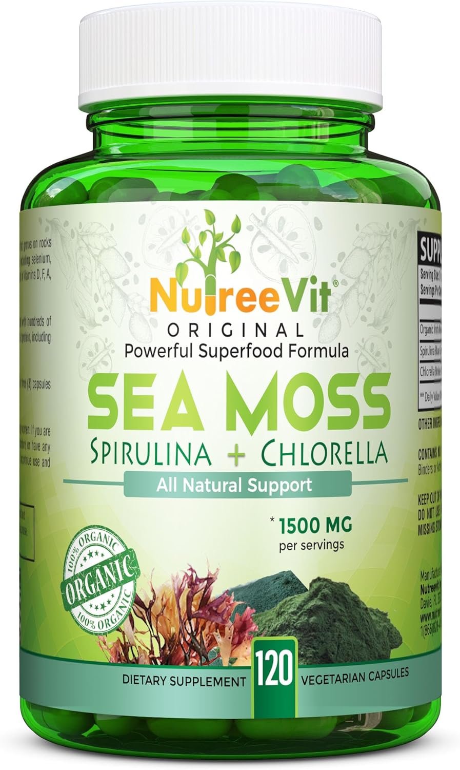 NutreeVit 100% Organic – Sea Moss+ Spirulina+ Chlorella (60 Capsules)