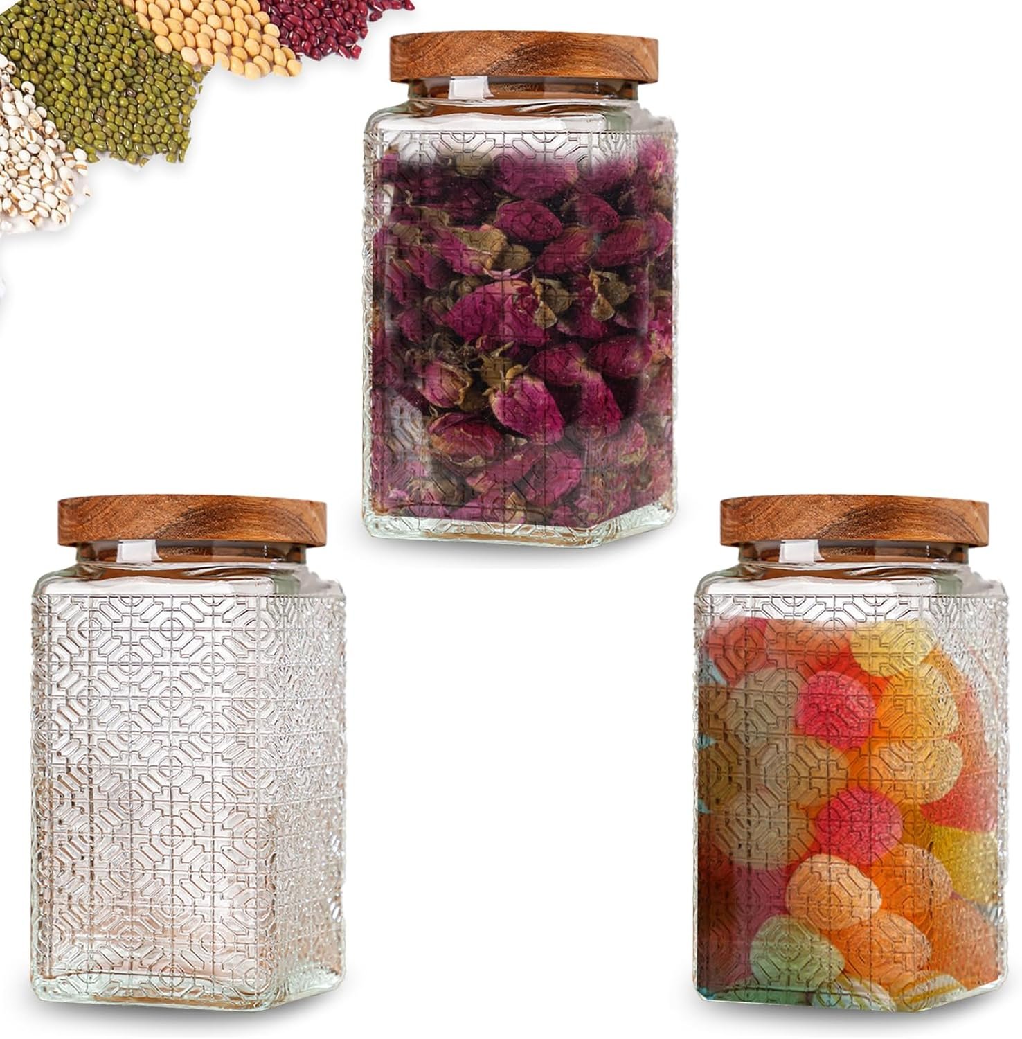 3-Pack 34oz Vintage Mason Jars with Bamboo Lids, Glass Canisters for Overnight Oats, Coffee, Tea, Spices, Cereal, Cookies, Candy & Meal Prep