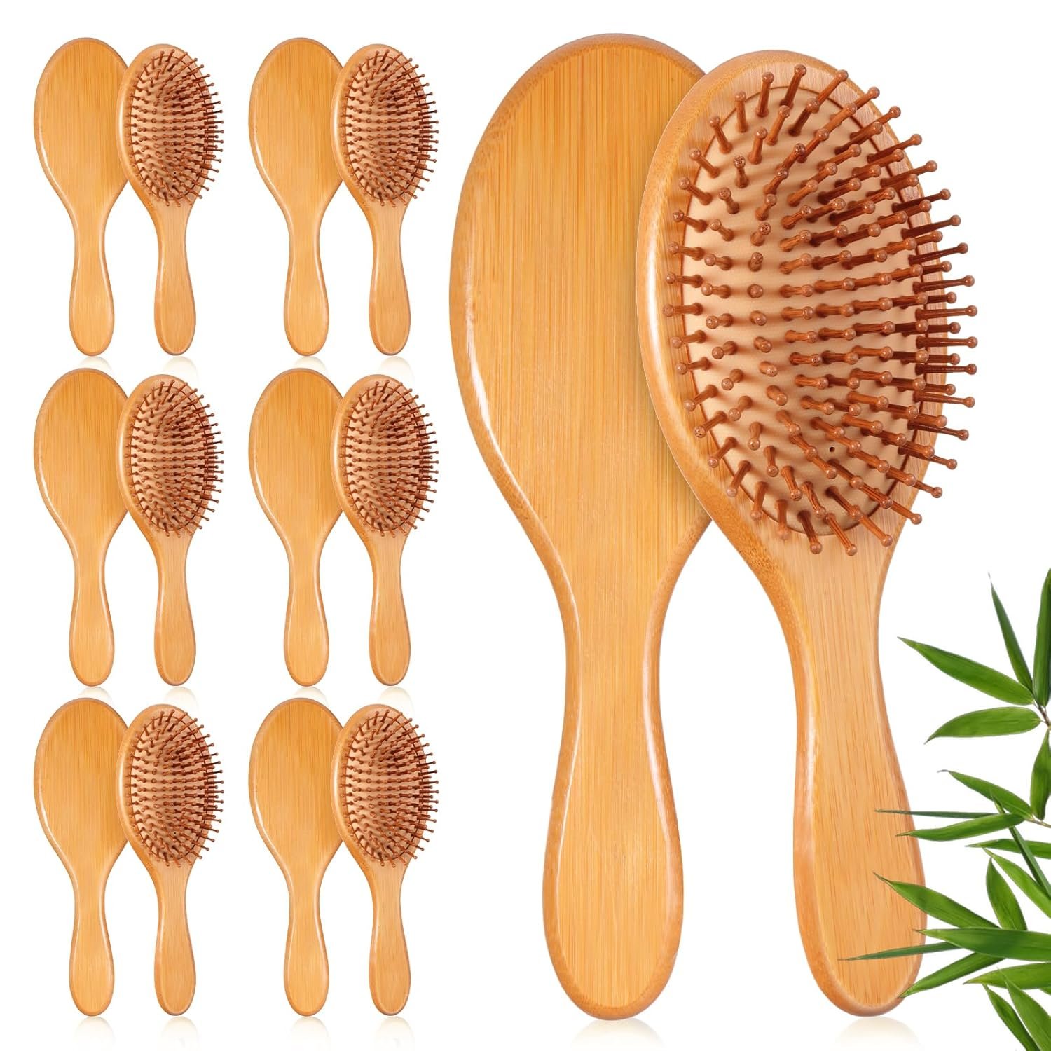 12 Pcs Bamboo Hair Brushes for Women Bulk Natural Wooden Paddle Brush Detangler Hairbrush with Natural Bamboo Bristles for Women, Men, DIY Gift, Coarse, Fine, Wavy