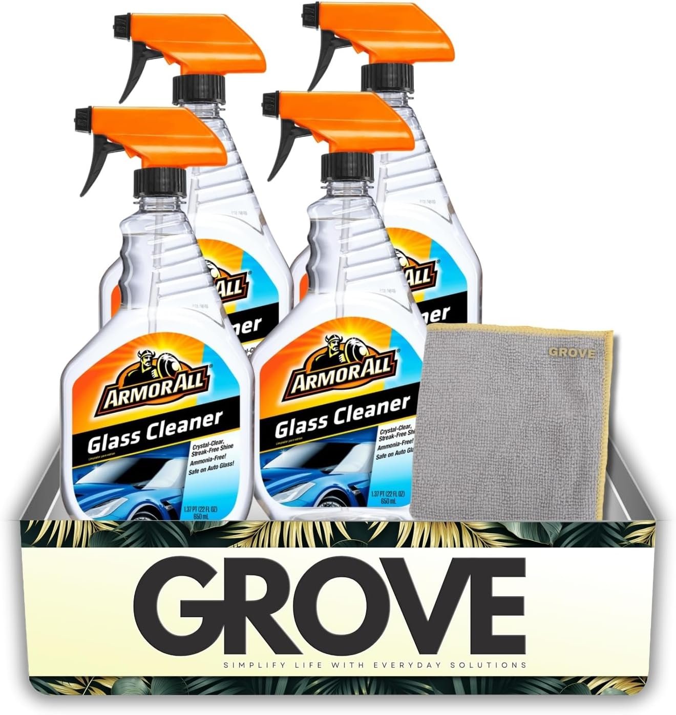 4x Armor All Glass Cleaner Spray 22 fl. oz. Bundle with Microfiber Cleaning Cloth – Removes Dirt, Grime, and Fingerprints from Automotive Glass, Streak-Free Shine, Ammonia-Free – Gift Set (5 Items)