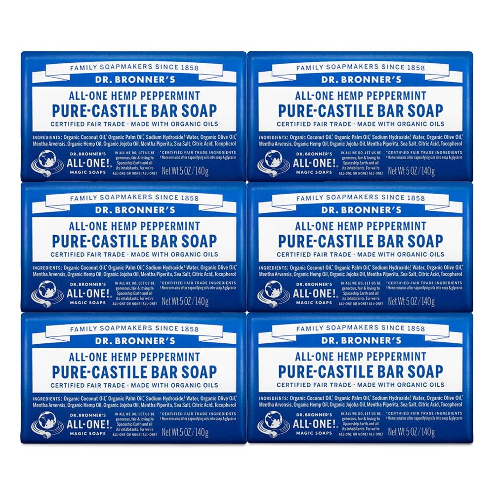 Dr. Bronner’s – Pure-Castile Bar Soap (Peppermint, 5 ounce, 6-Pack) – Made with Organic Oils, For Face, Body & Hair, Gentle & Moisturizing, Biodegradable, Vegan, Cruelty-free, Non-GMO