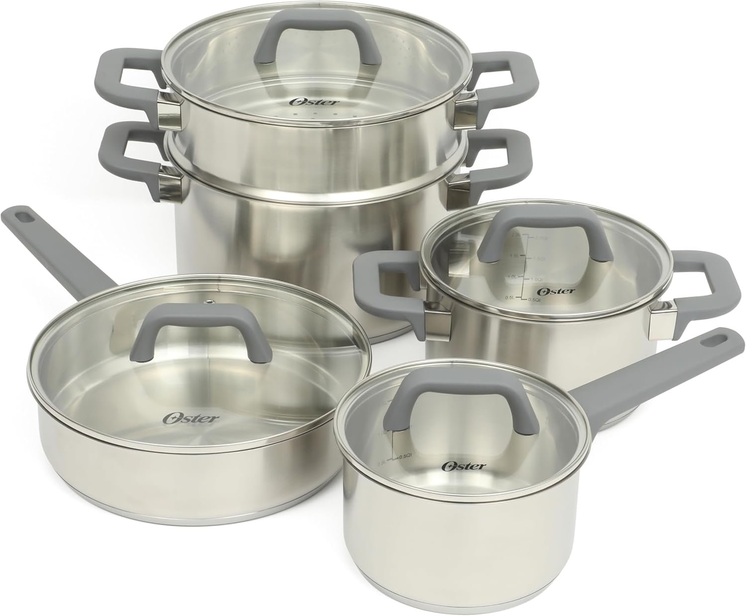 Oster Beauford 9-Piece Stainless Steel 5-Ply Encapsulated Base Cookware Set – Non-Toxic, Induction Compatible Pots and Pans with Stay-Cool Handles – Dishwasher Safe
