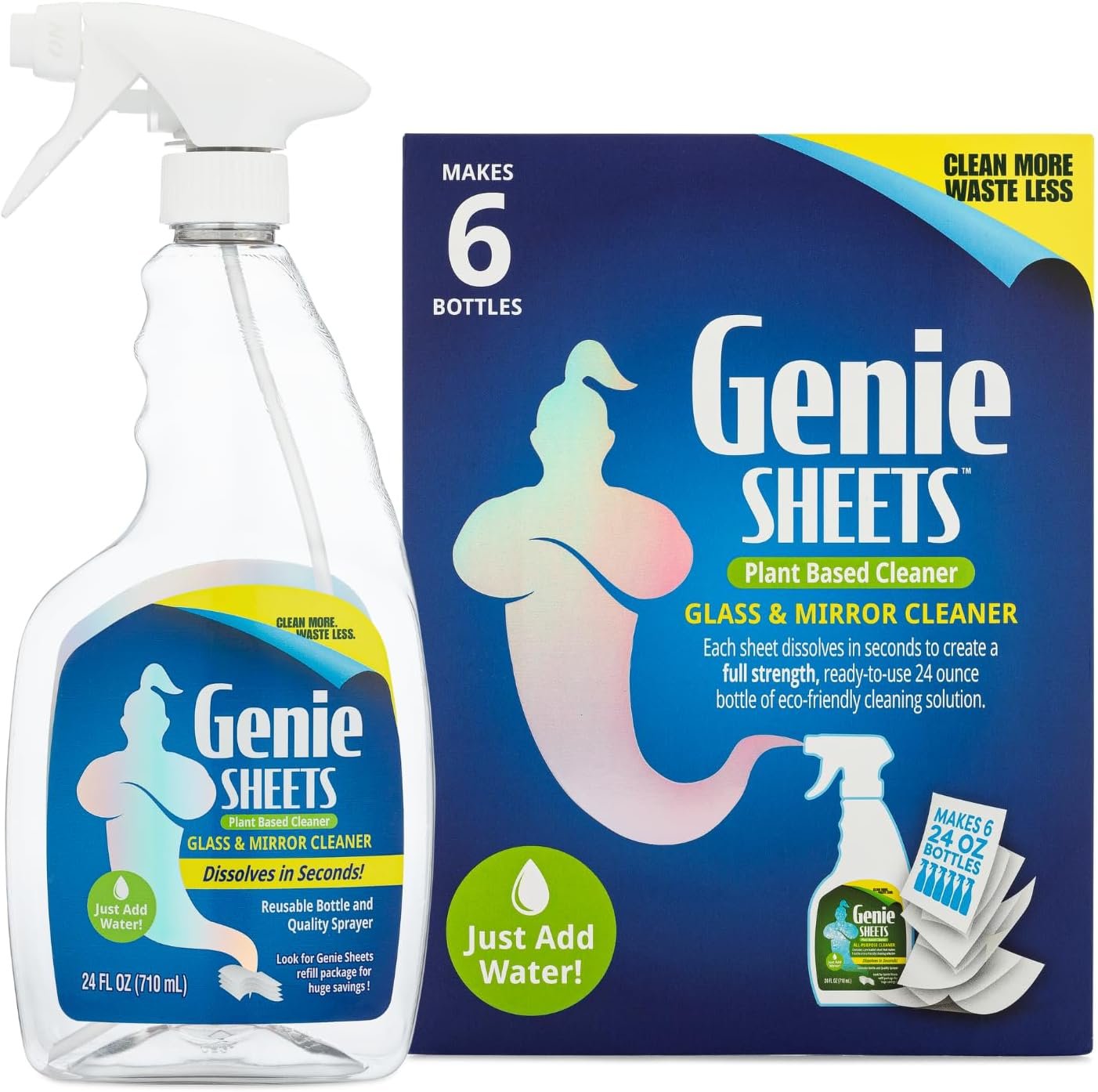 Genie Sheets Glass & Mirror Cleaner | 1 Bottle with Foaming Sprayer + Concentrate Makes 6 24oz Refills | Professional-Strength | Just Add Water | Sustainable EcoFriendly Plant-Based