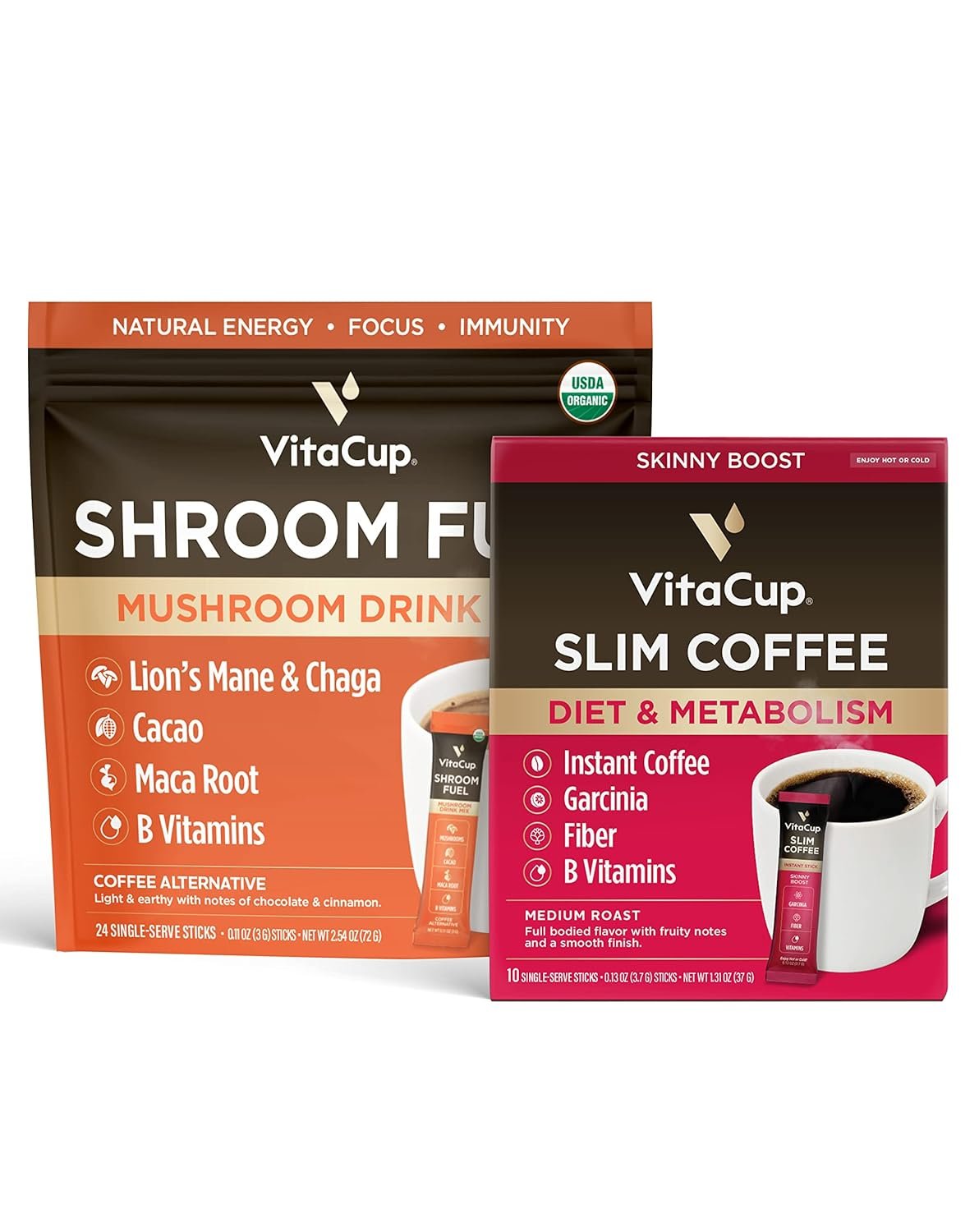 VitaCup Shroom Fuel, Mushroom Coffee Alternative Packets 24ct, w/Cacao, Cinnamon, Chaga, Lions Mane, & Maca + Slim Instant Medium-Dark Coffee Packets 10ct, w/B Vitamins, Garcinia, Fiber,