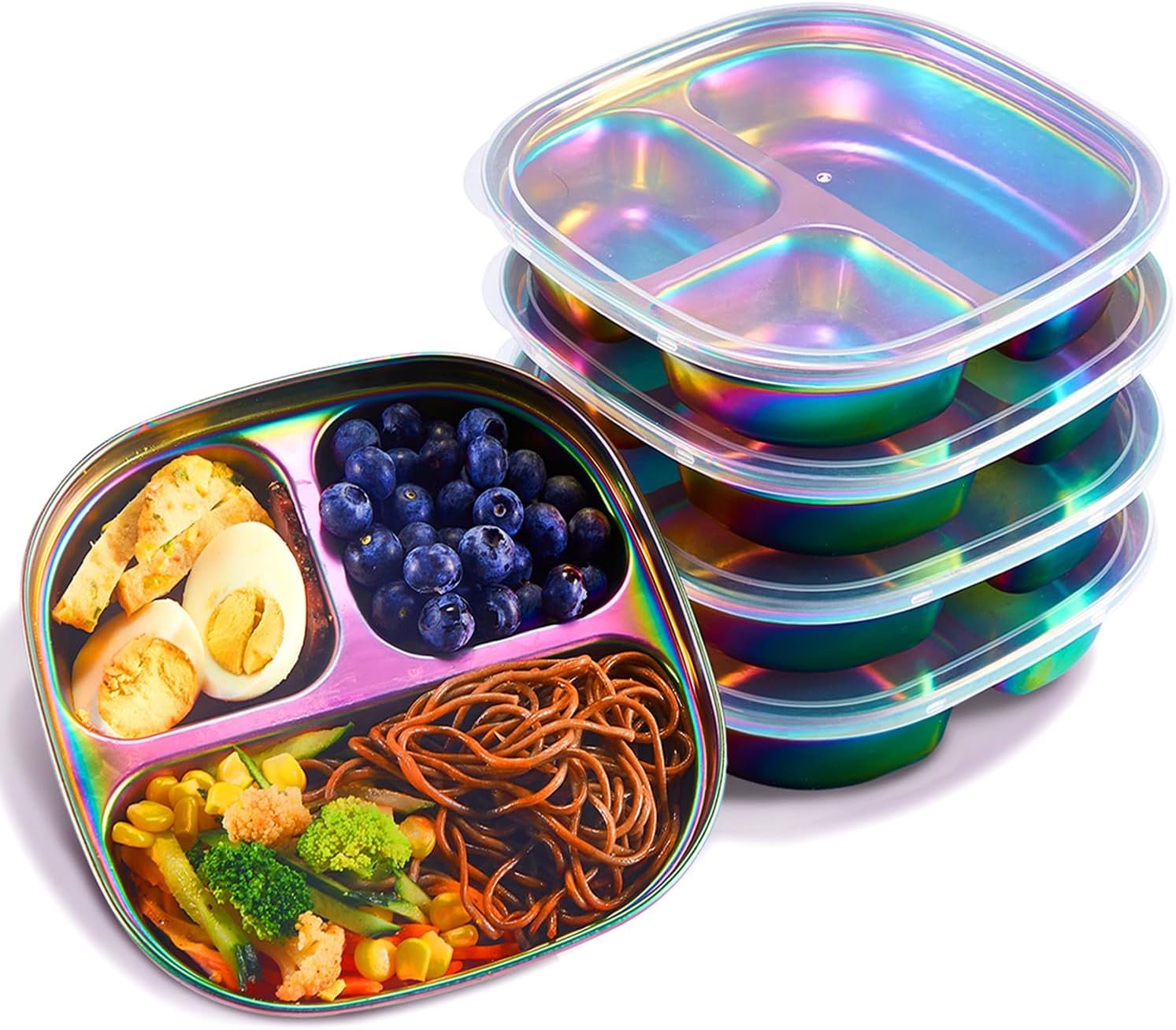 MIMORE Stainless Steel Kids Plates – 5 Pack Toddler Plates with Lids – Non Toxic & Divided