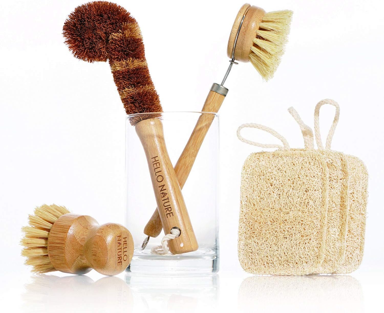 Plant-Based 6pcs Kitchen Brush Set by HELLO NATURE, Sustainable & Biodegradable Natural Fibre Bamboo Dish Brush,Bottle Brush,Pot Brush & 3 Natural Loofah Sponges, Zero-Waste,Plastic Free Kitchen Set