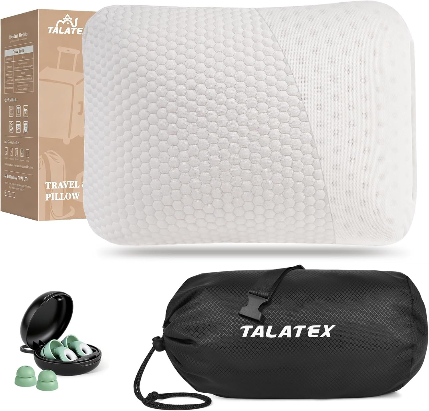Talatex 100% Natural Premium Talalay Latex Travel Pillow, Camping Pillow, Small Camping Pillow with Compressible Stuff Sack, No Memory Foam Chemicals with Washable Cover (Medium Latex, 1)