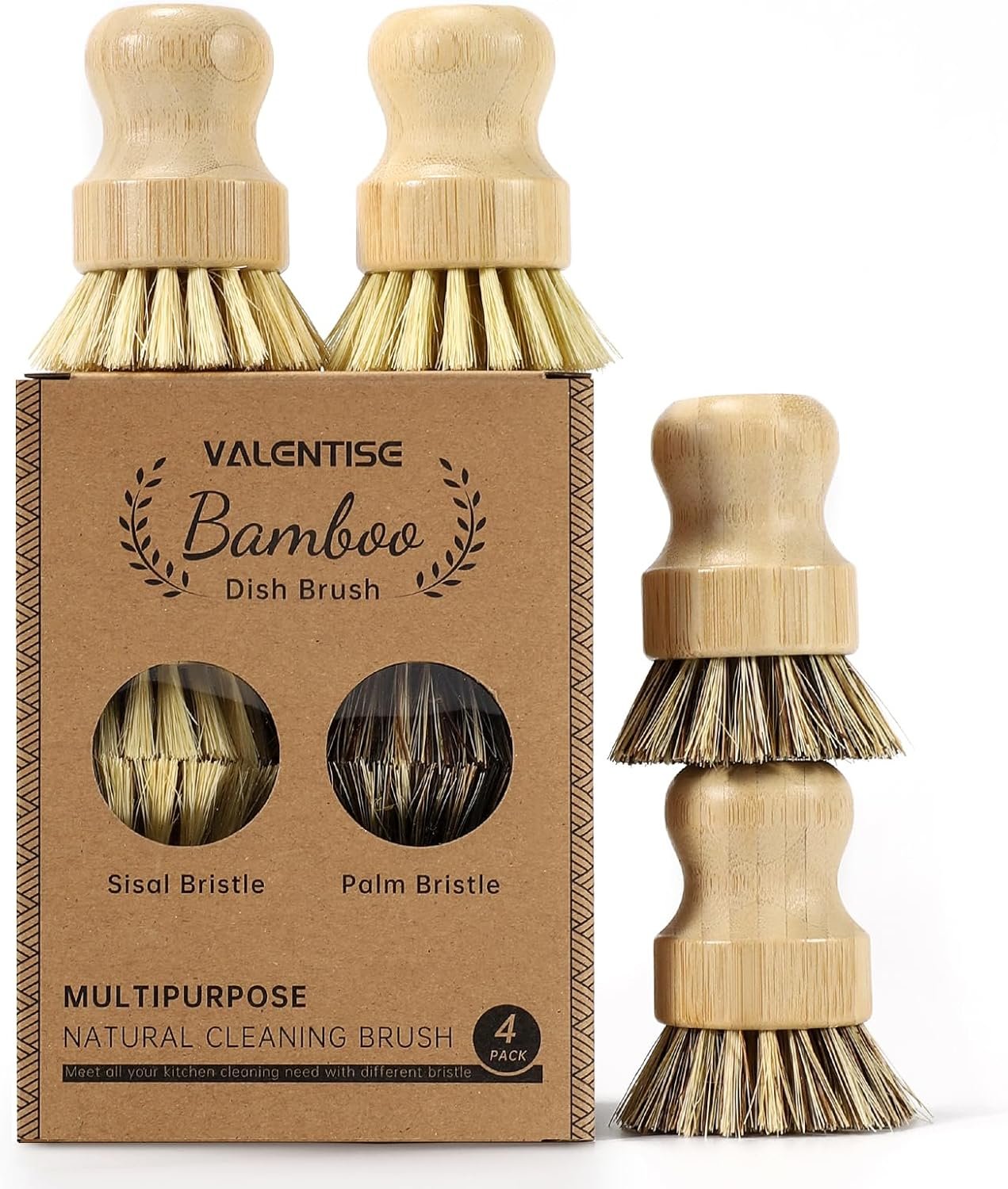 4 Pack Bamboo Dish Brush Set, Natural Palm Dish Scrubber for Pots and Vegetables, Sisal Bristle Bamboo Scrub Brush for Cleaning Dishes and Pans