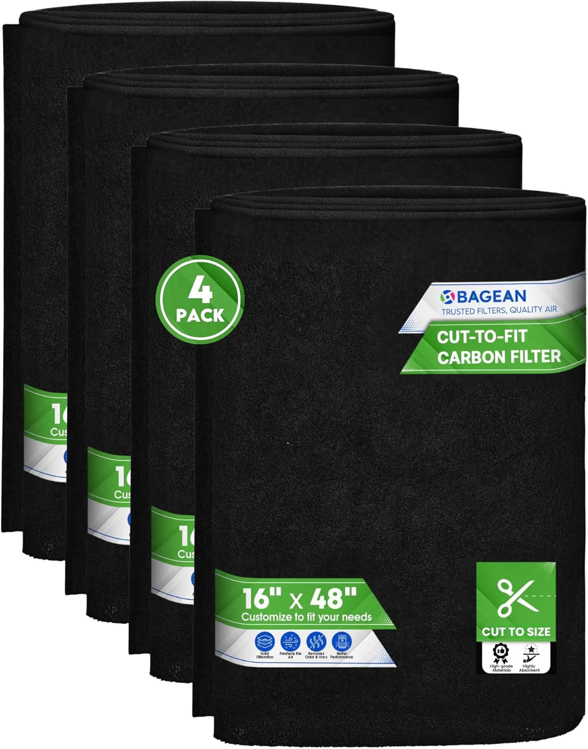 Cut to Fit Activated Carbon Filter Sheet 16” x 48” – Activated Carbon Air Filter for Air Purifiers Window AC Air Vent And More – Charcoal Filters Absorb Odors & Freshens the Air (4-Pack)