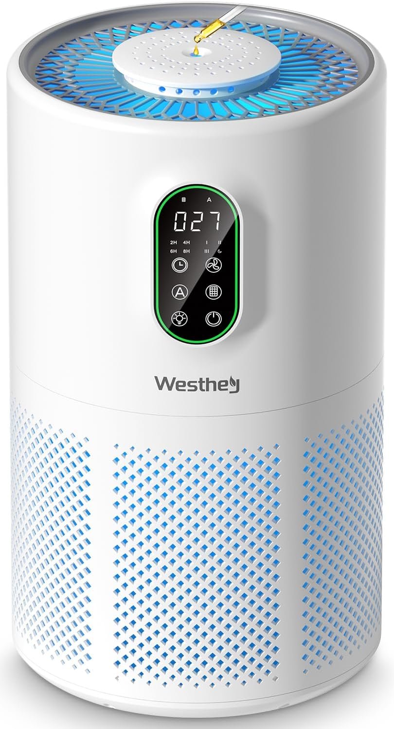 Air Purifiers for Home Large Room up to 1650 ft², WESTHEY H13 True HEPA Air Purifier for Bedroom with Night Light, Air Quality Monitor, Fragrance Sponge, Air Cleaner for Wildfire Smoke Dander Dust