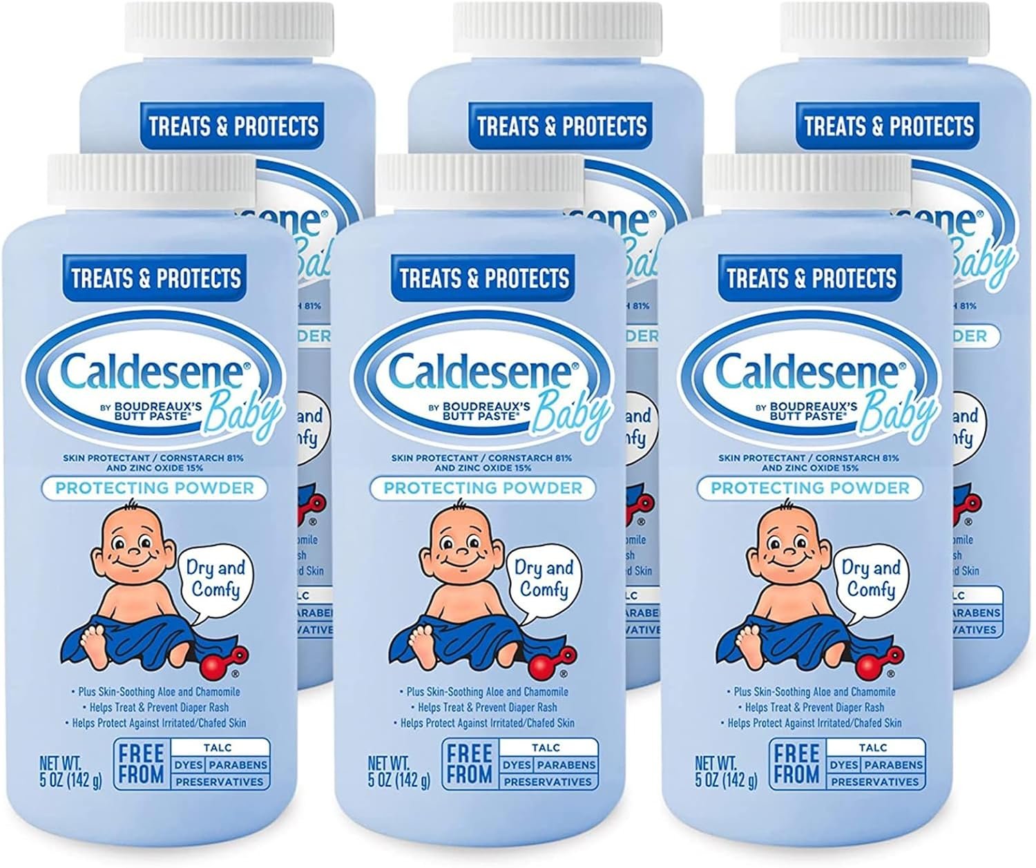 Caldesene Dry & Comfy Baby Powder with Zinc Oxide & Cornstarch, Free from Talc & Preservatives, 5 Oz., Pack of 6