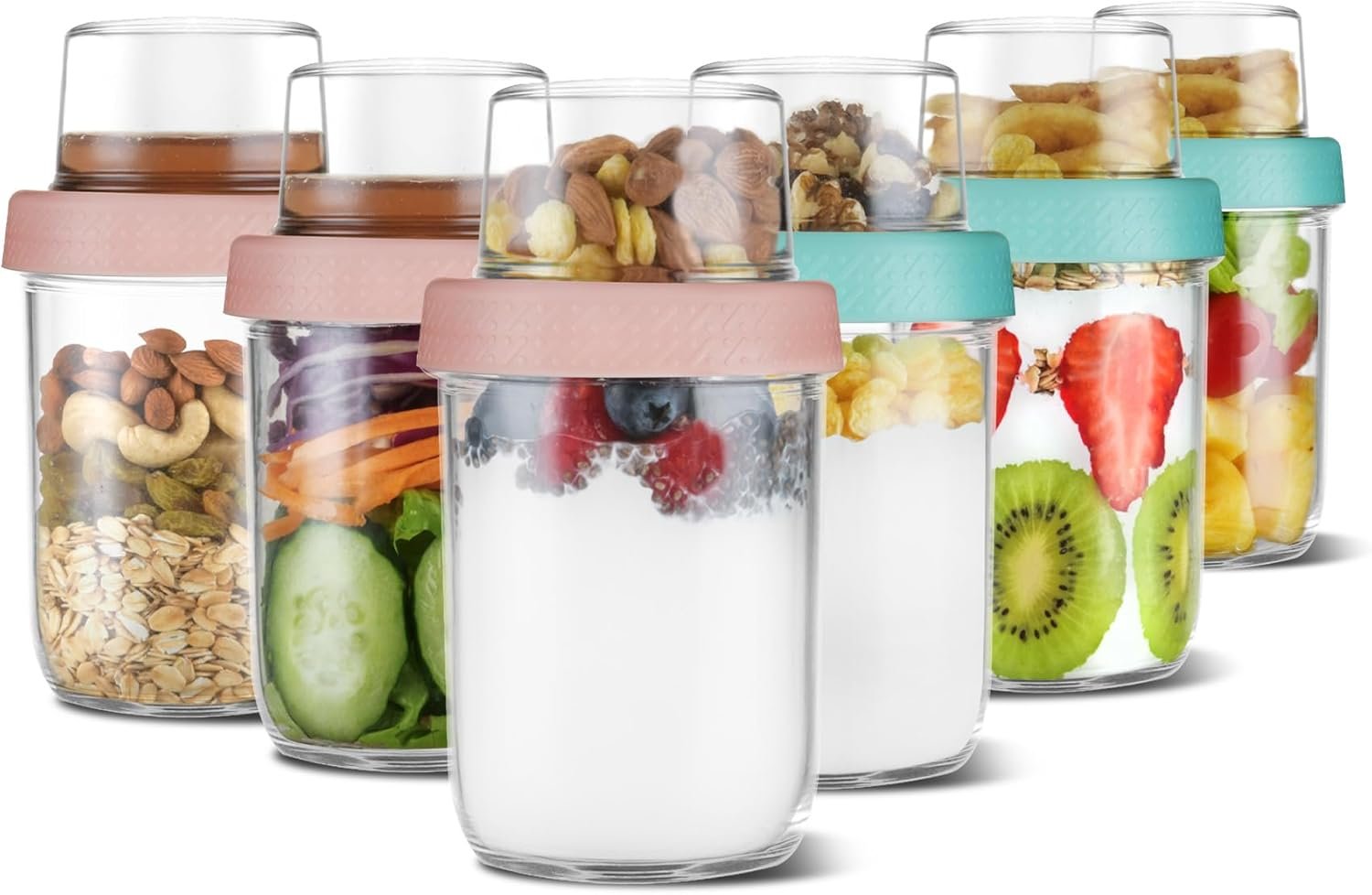 4oz 16 oz Glass Overnight Oats Containers with Lids 6Pack, Yogurt Parfait Cups with Dry and Wet Separation, Breakfast Prep Bowl for Cereal Nut Fruit Meal, To Take Along Oatmeal Salad Smoothie Snack