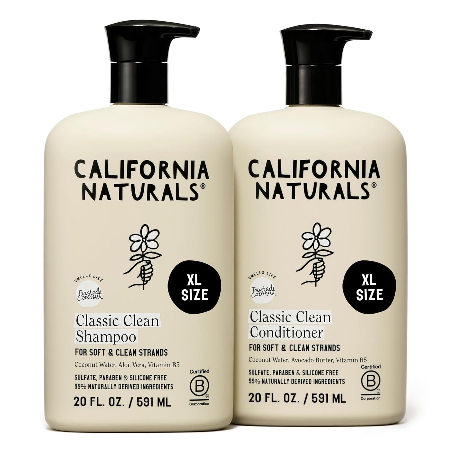 California Naturals Coconut Shampoo & Conditioner Set, Natural, Vegan, Cruelty, Silicone, Paraben, and Sulfate Free Shampoo, All Hair Types, 20 Fl Oz (Pack of 2), Classic Clean Coconut