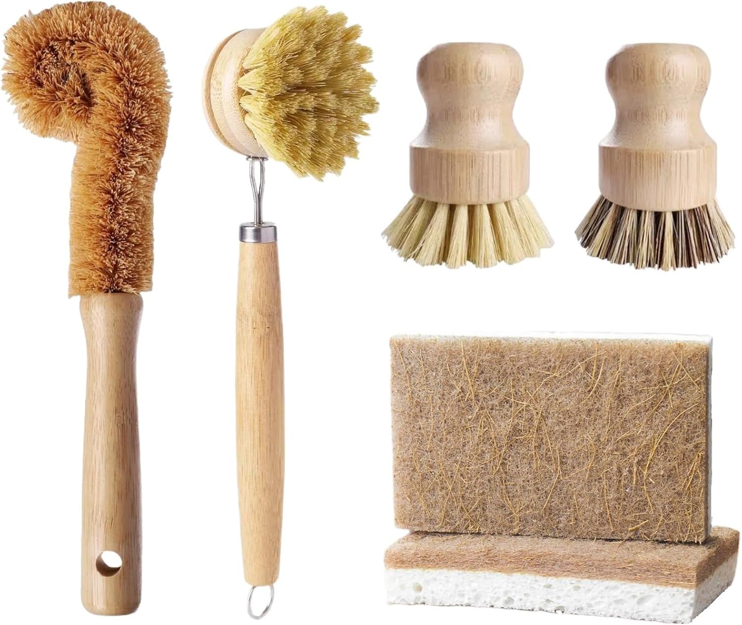 Natural Bamboo Dish Brush Set – 6 PCS Kitchen Cleaning Brush Kit with 4 Utensil Brushes and 2 Coconut Fiber Dish Sponges, for Cleaning Pots, Pans, Dishes, Bottles, Vegetables, and Fruits