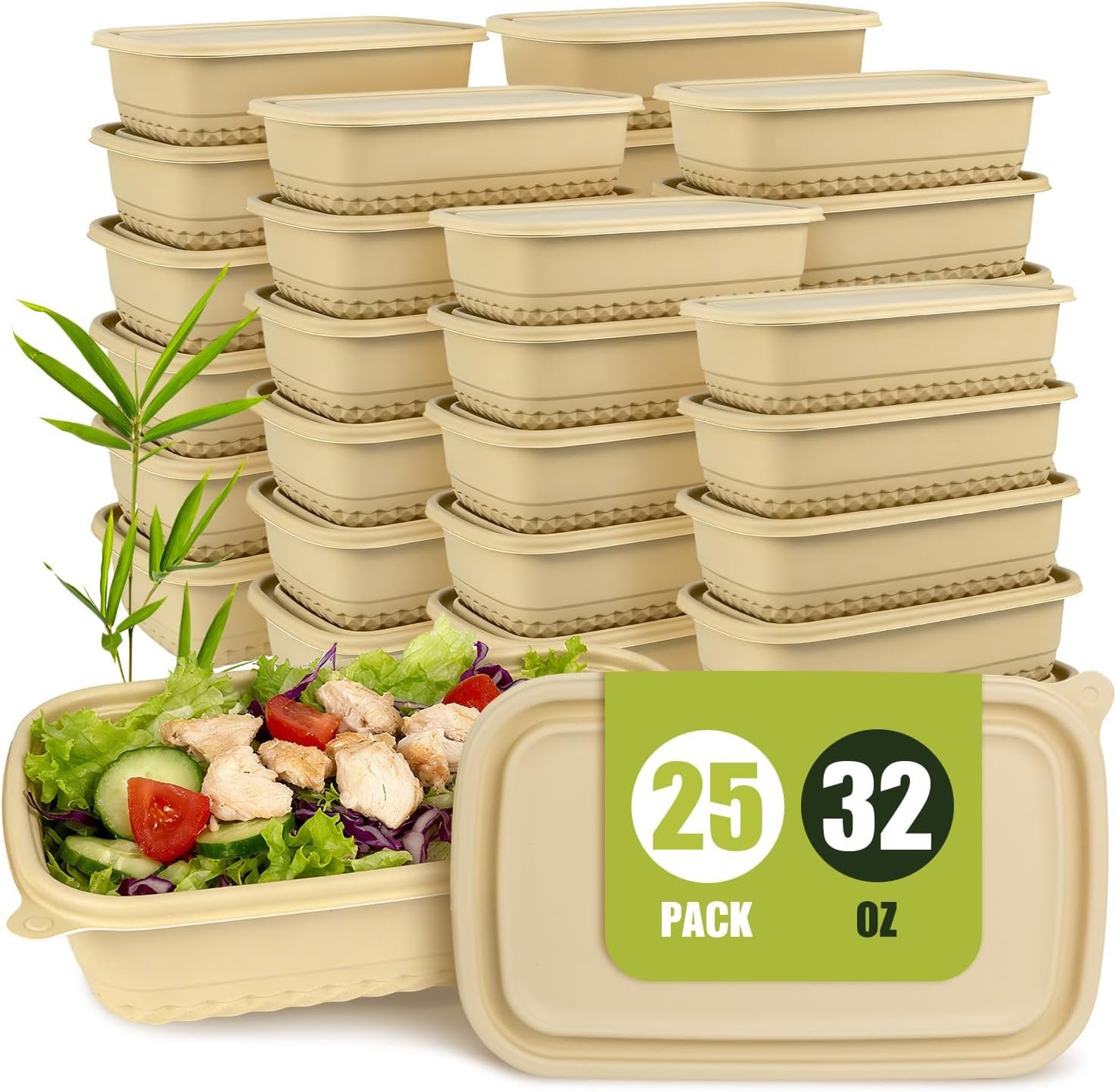 25Pack(50pcs) Meal Prep Containers Reusable, 32oz Bamboo-Powder Food Containers with Lids, Plant-based To Go Containers for Lunch – Microwave, Freezer, Dishwasher Safe