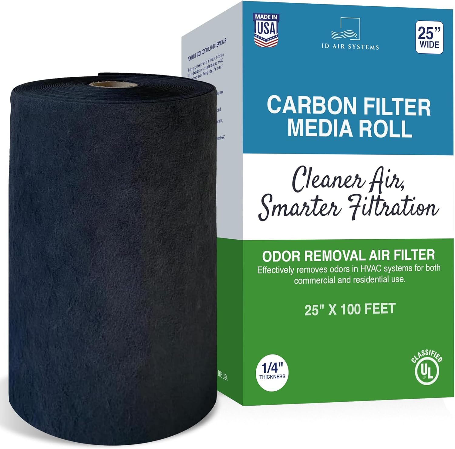 Activated Carbon Filter Media Roll – 25″ x 100′ x 1/4″ Thick, Odor Control, Cut to Size, Filter Range Hood, AC Filter Material, Durable Carbon Filters, Made in USA