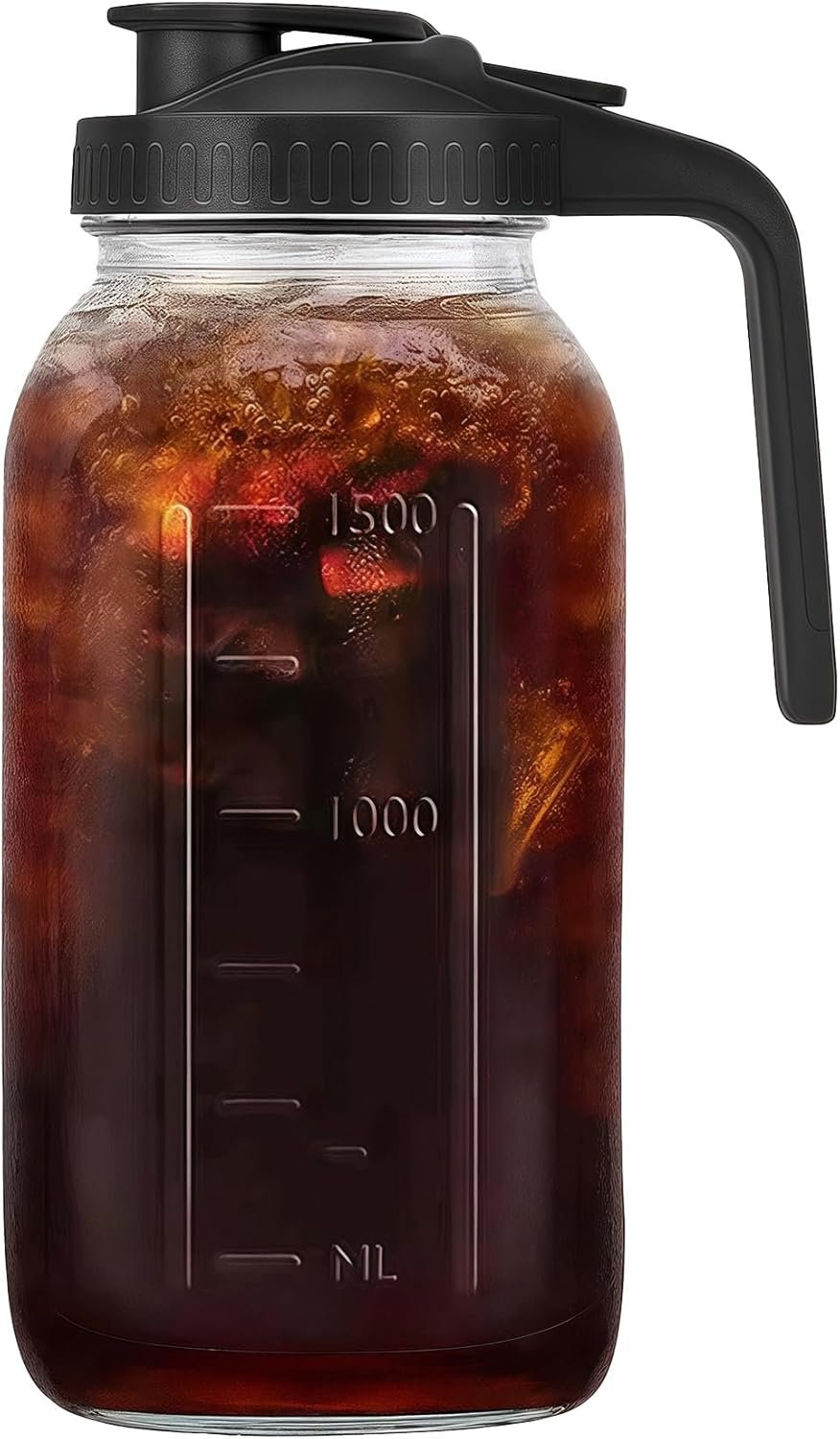 64oz Glass Pitcher with Handle and Lid, 2 Quart Mason Jar Pitcher – Airtight & Leakproof Water Jug with Pour Spout Lid, Glass Containers for Fridge, Perfect for Juice, Cold Brew, Iced & Sun Tea