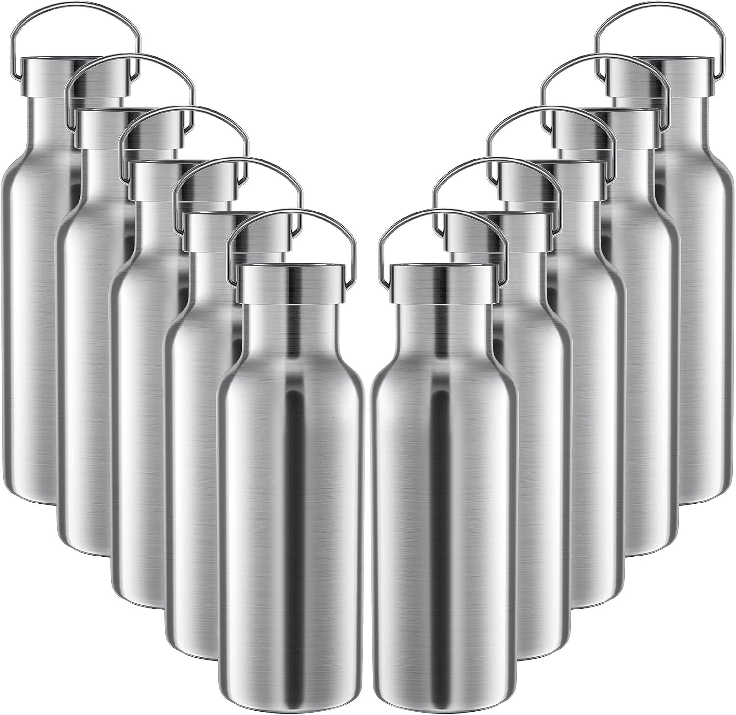 10 Pack 17oz Reusable Stainless Steel Water Bottle Bulk Double Wall Insulated Sports Water Bottle with Handle and Vacuum Seal Leakproof Lid for Sports Cyclists Hiking Gym Camping Gift(Silver,17 oz)