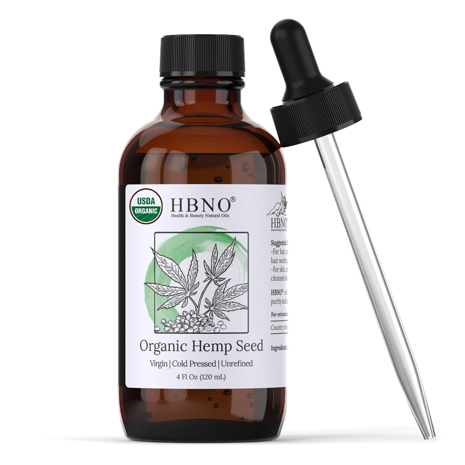 HBNO Organic Hemp Seed Oil – 4 oz (120 ml) Value Size – Natural Hemp, Cold Pressed – Perfect Carrier Oil for Massage, Aromatherapy, Diy, Soap Making, Face, Body, Lips, Hair, Nails
