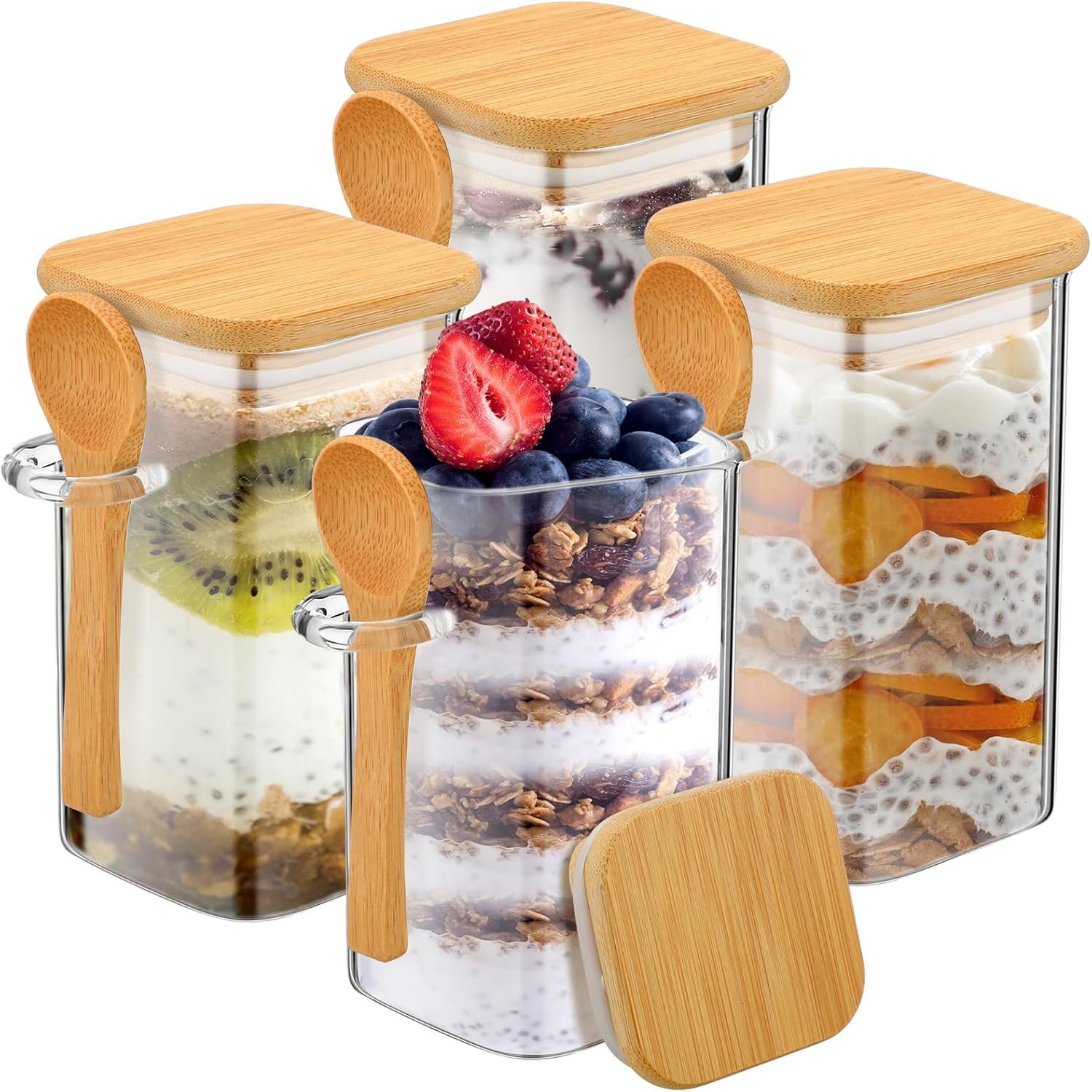 Pickmesh 4 Pcs Overnight Oats Containers with Lids Overnight Oats Jars Oatmeal Cups Square Glass Meal Prep Container with Bamboo Lids and Spoons Glass Jar for Pudding Yogurt (Square Style,16oz)