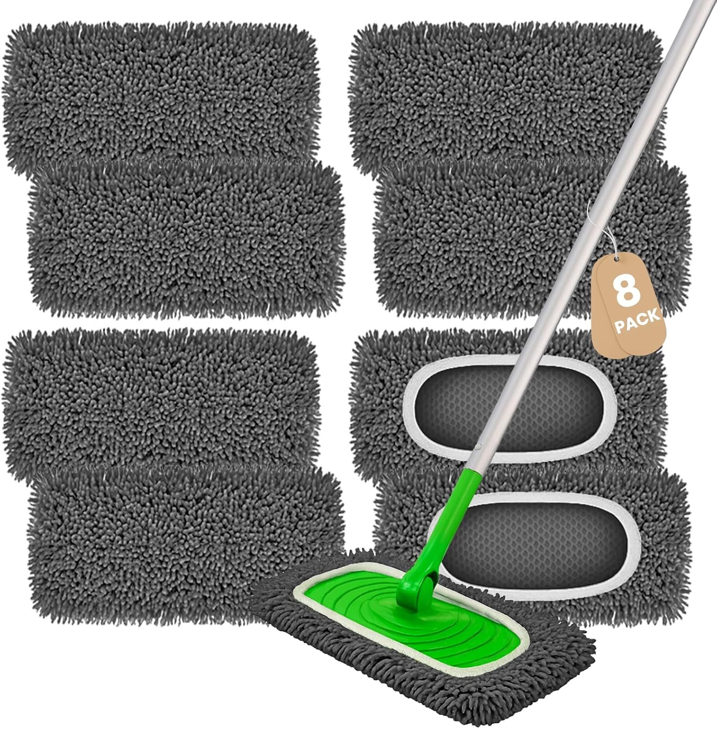 8 Pack Chenille Mop Pads, Reusable Microfiber Mop Refills for 10”–12” Flat Mops, Washable Wet & Dry Floor Pads for Hardwood, Tile, Compatible with Swiffer Sweeper(Gray)
