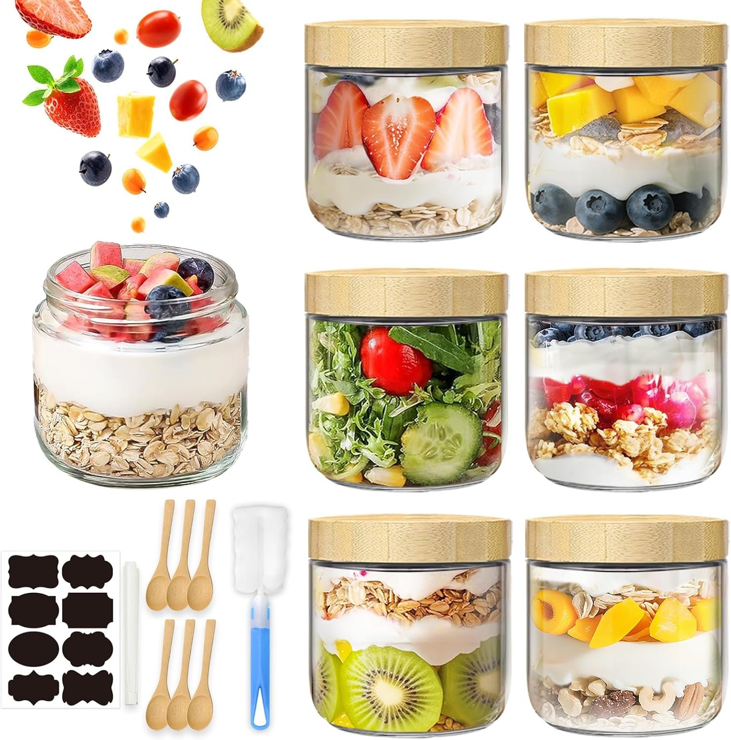 10oz Overnight Oats Containers with Bamboo Lids, Glass Jars with Airtight Lids, Wide Mouth Mason Meal Prep Jars, Food Storage Container for Yogurt Salad Chia Pudding Snacks Spice Sugar,6 Pack