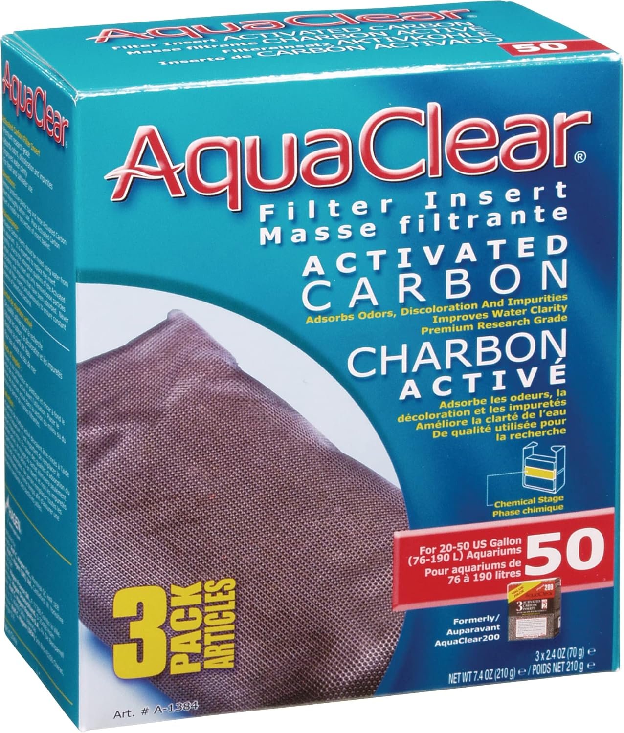 Aqua Clear AquaClear Activated Carbon Filter Inserts, 3 Pack – Replacement Chemical Filter Media for 50 Gallon Tank