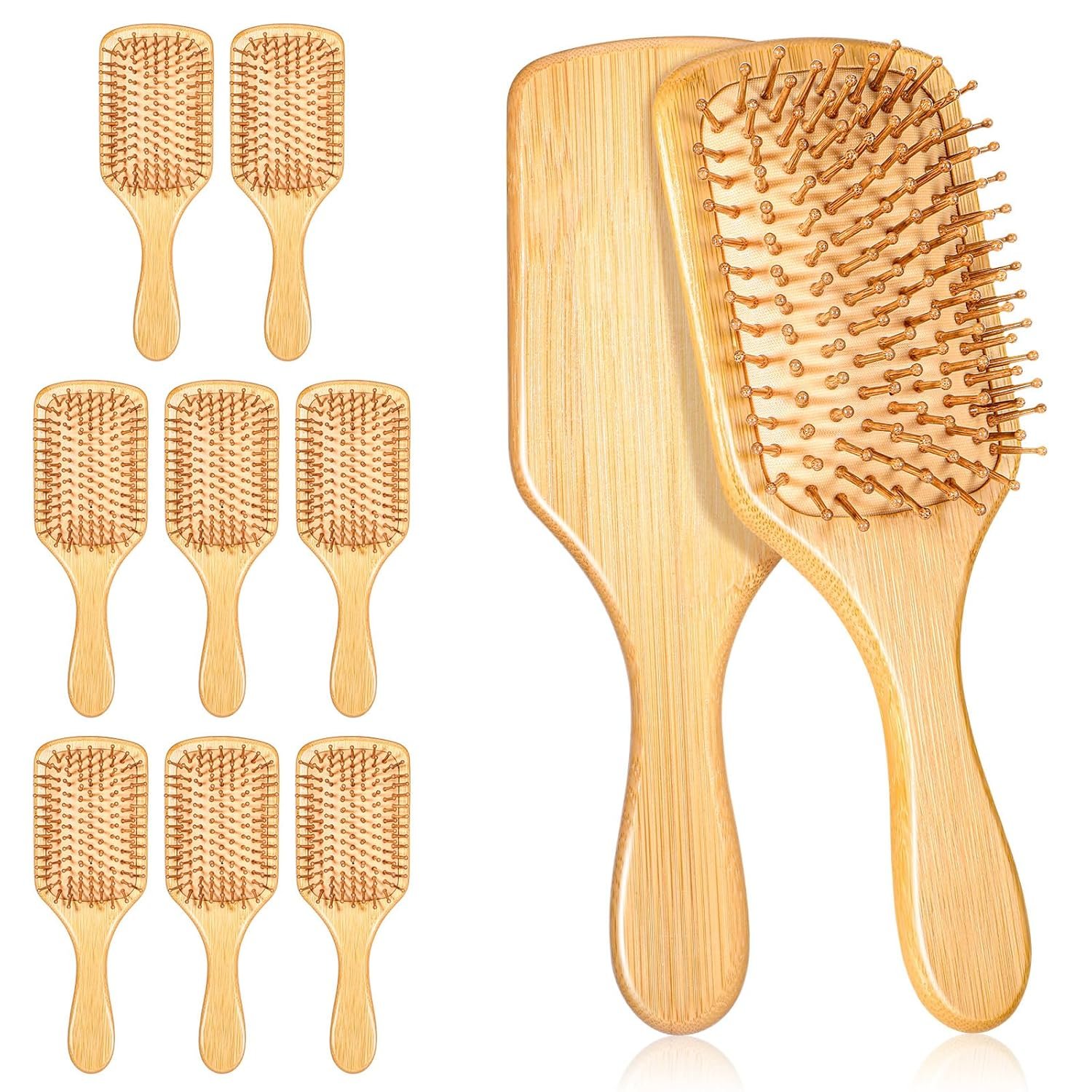 10 Pcs Bamboo Hair Brushes Bulk Anti Static Wooden Paddle Brush with Ergonomic Handle Round-tipped Bamboo Bristles Detangling Brush Paddle for Scalp Massage & Detangling, 9.65” X 3.35”
