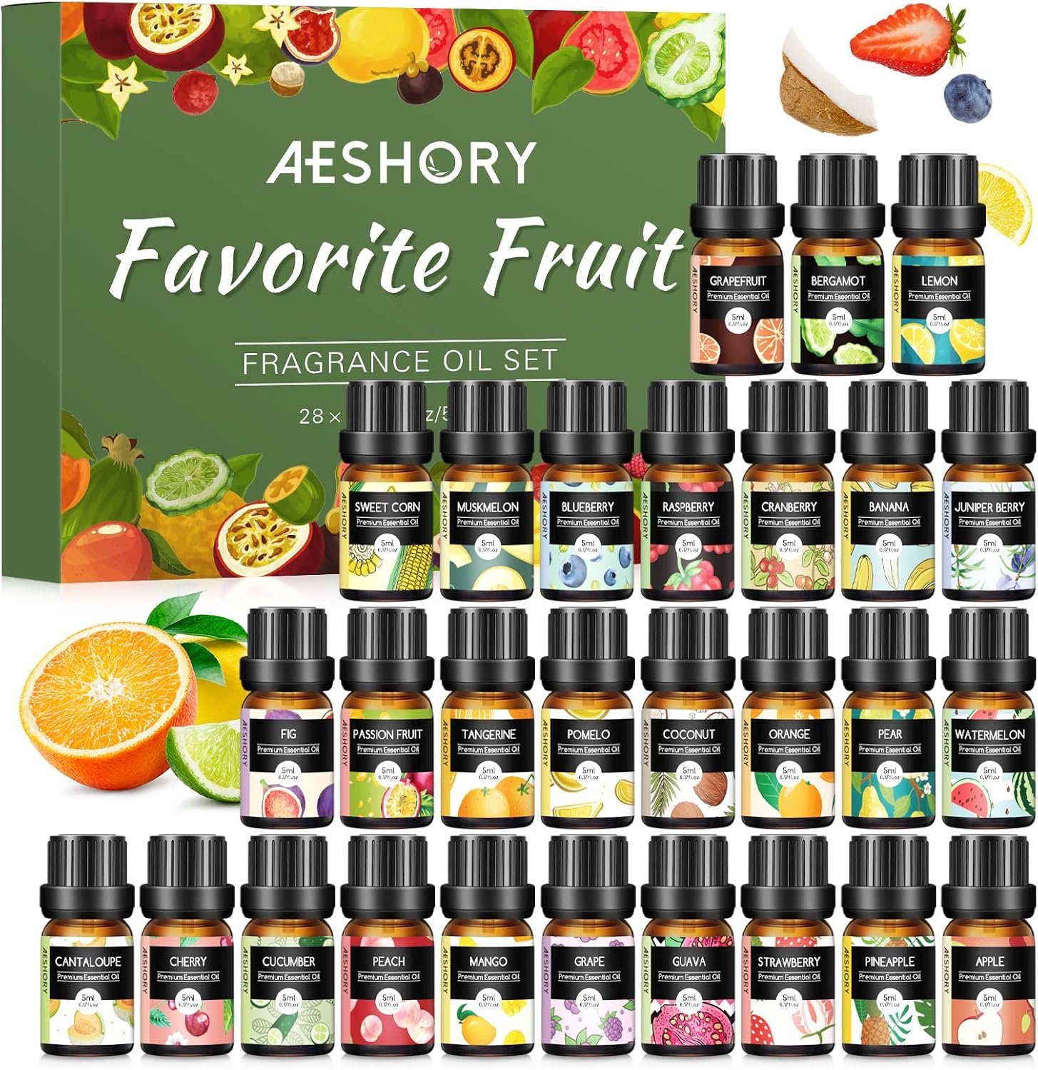 Fruity Essential Oils Set – Top 28 Fruit Fragrance Oil for Candle Making, Diffusers – Strawberry, Apple, Pineapple, Cucumber Melon, Cherry, Mango, Lemon, and Orange Scented Aromatherapy Oils