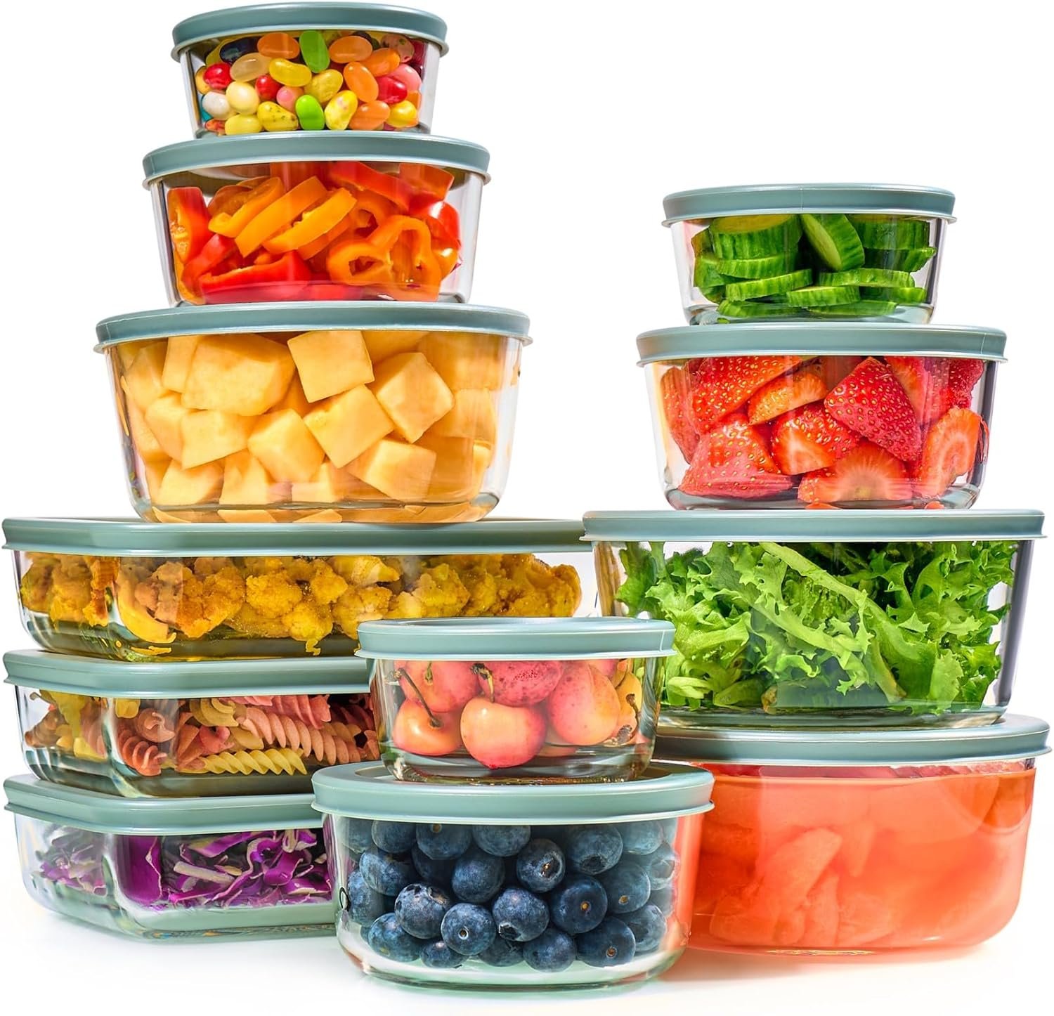 24pc Set Glass Food Storage Containers & Bowls with Airtight Lids – Leakproof BPA-Free Meal Prep Airtight Stackable Lunch Boxes, Kitchen Pantry & Storage Organizers – Microwave Freezer Dishwasher Safe