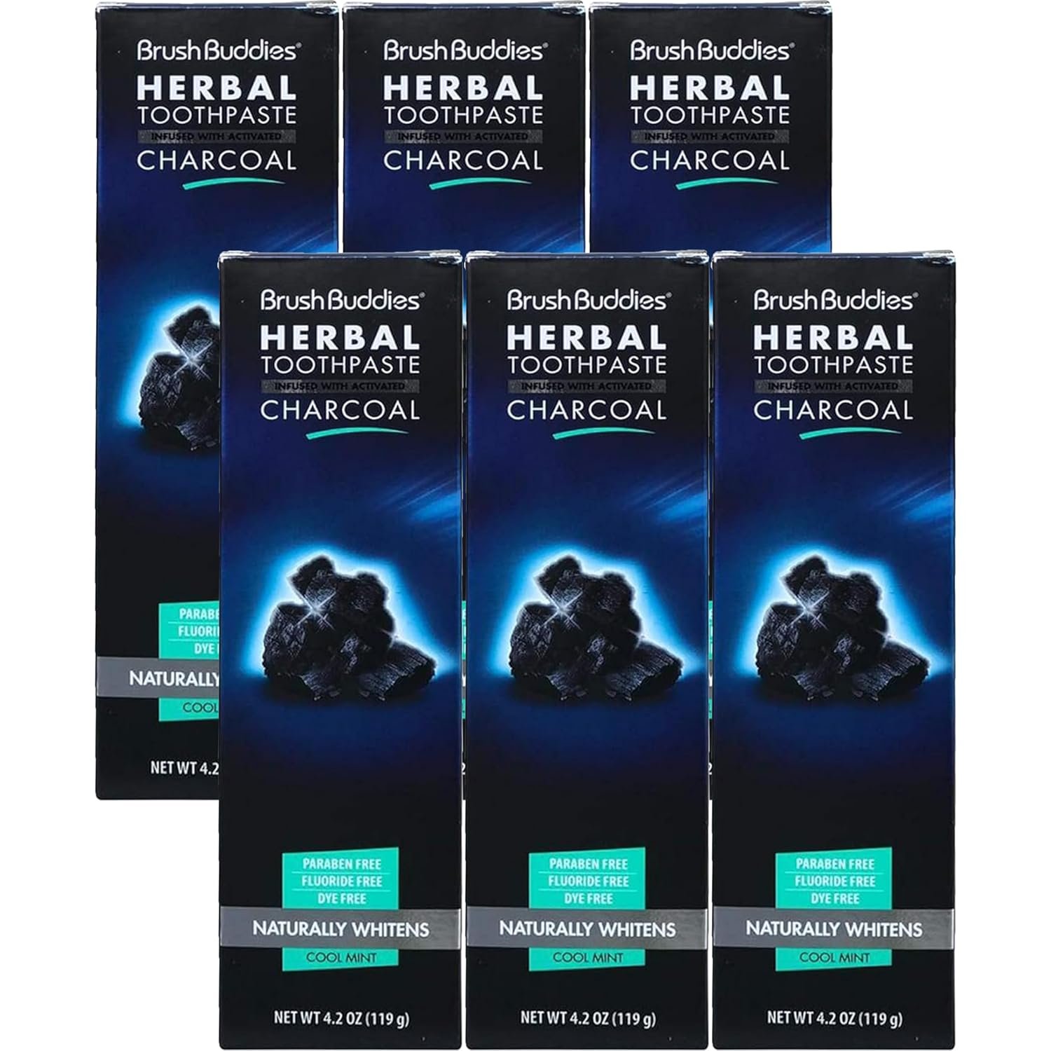 Brush Buddies Charcoal Toothpaste 6 Pack, 3.5 oz | Activated Charcoal Whitening Toothpaste | Fluoride-Free, Cool Mint | Herbal for Sensitive Teeth, Bad Breath & Stains