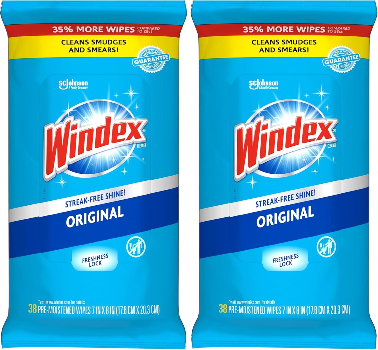 Windex Glass Wipes, Pre-Moistened | Original Scent | 38 Count | Pack of 2