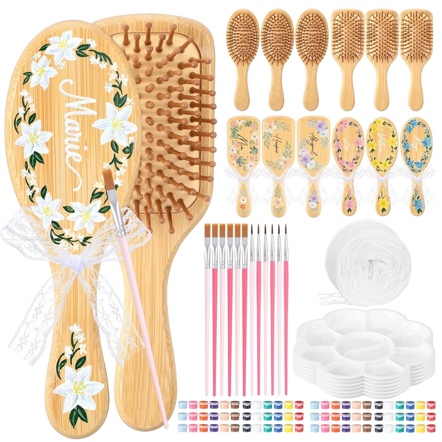 12 Set Bamboo Hairbrush Painting Kits Bulk Hand Painted Crafts for DIY Wooden Hairbrush Girls Hand Painted Make Your Own Night Party Supplies with Paint Brush and Palette