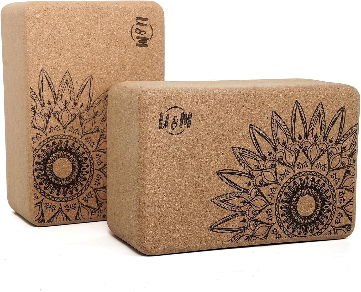 U&M Cork Yoga Blocks 2 Pack Set,Natural Cork High Density 9″x6″x4″ Yoga Blocks Odor-Resistant Non-Slip for Yoga, General Fitness, Pilates, Stretching and Toning