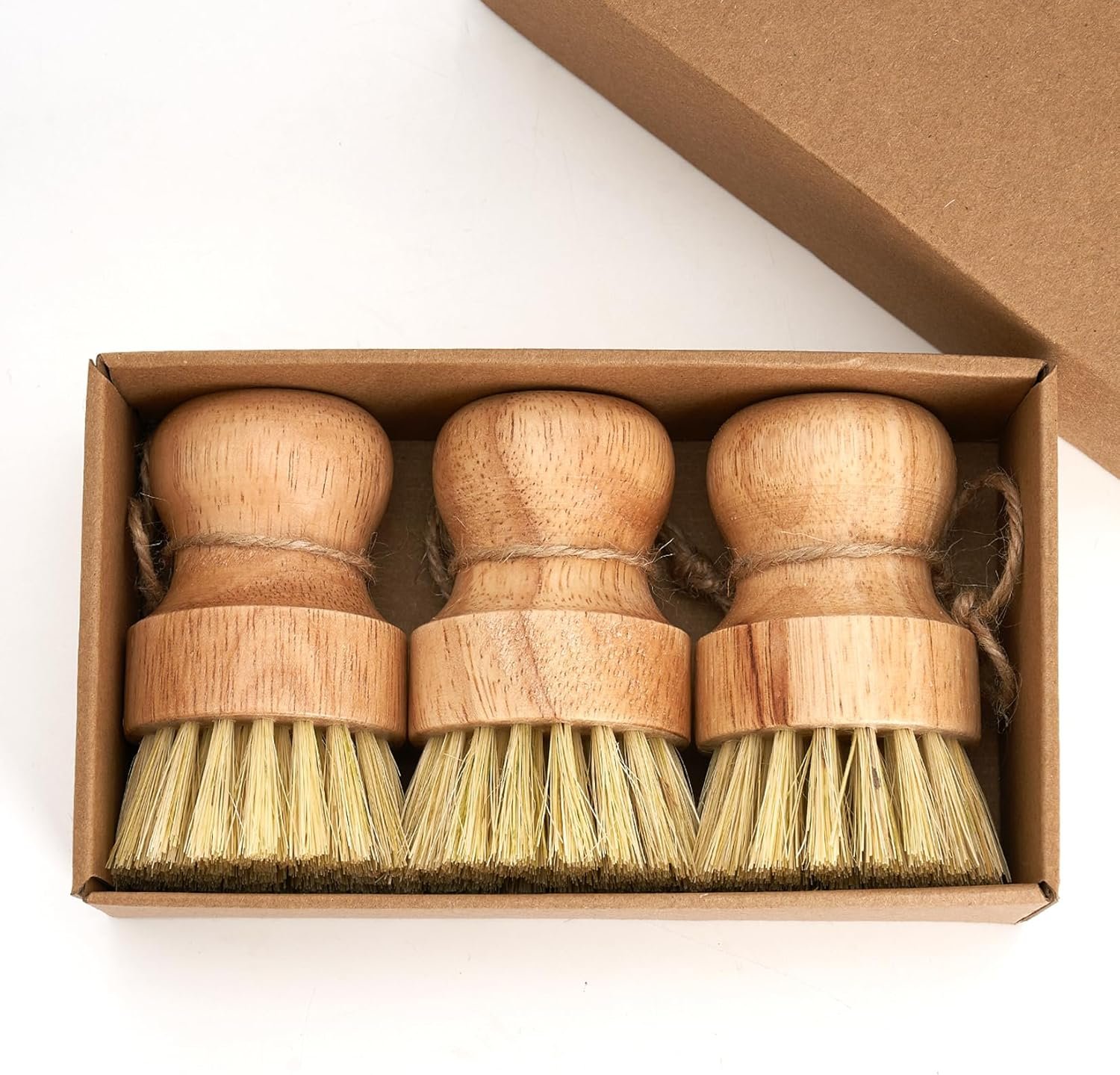 Bamboo Dish Brush Scrubber 3 Pack for Cleaning Pot Pans Hanging Rope Kitchen Dishwashing