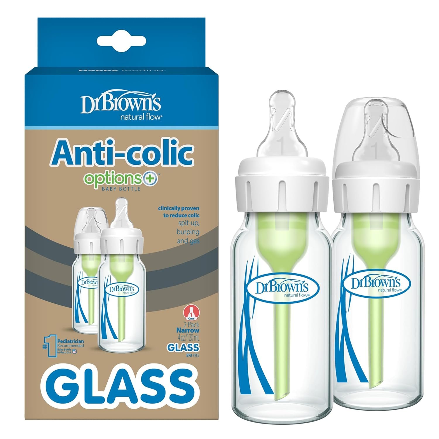 Dr. Brown’s Anti-Colic Options+ Narrow Glass Baby Bottle with Level 1 Slow Flow Nipple, BPA-Free, 4 oz/120mL, 0m+, 2-Pack (Packaging May Vary)