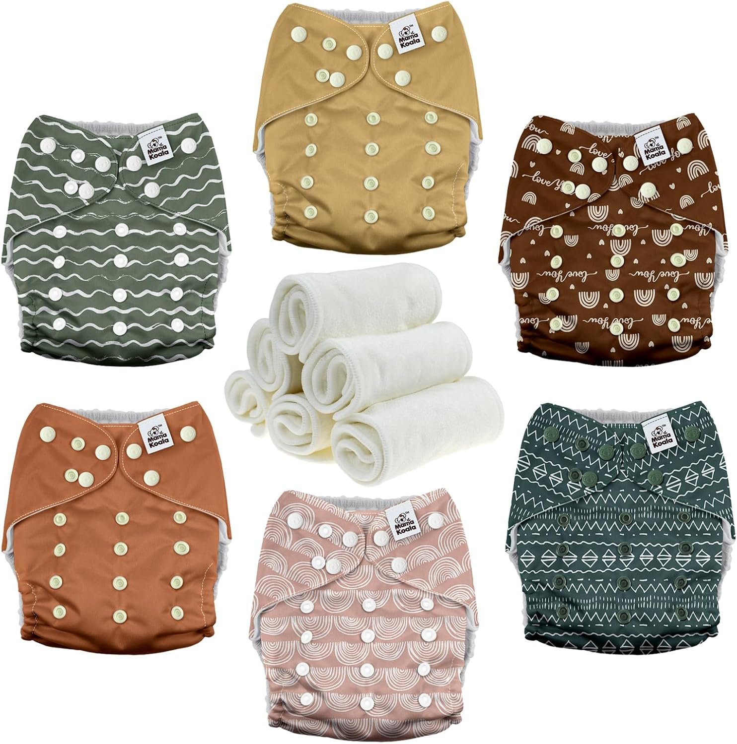 Mama Koala 3.0 Pocket Cloth Diapers for Babies with AWJ Lining, 6 Pack with 6 4-Layer Natural Cloth Diaper Inserts – Reusable and Washable Pocket Diapers (Hope in The Desert)