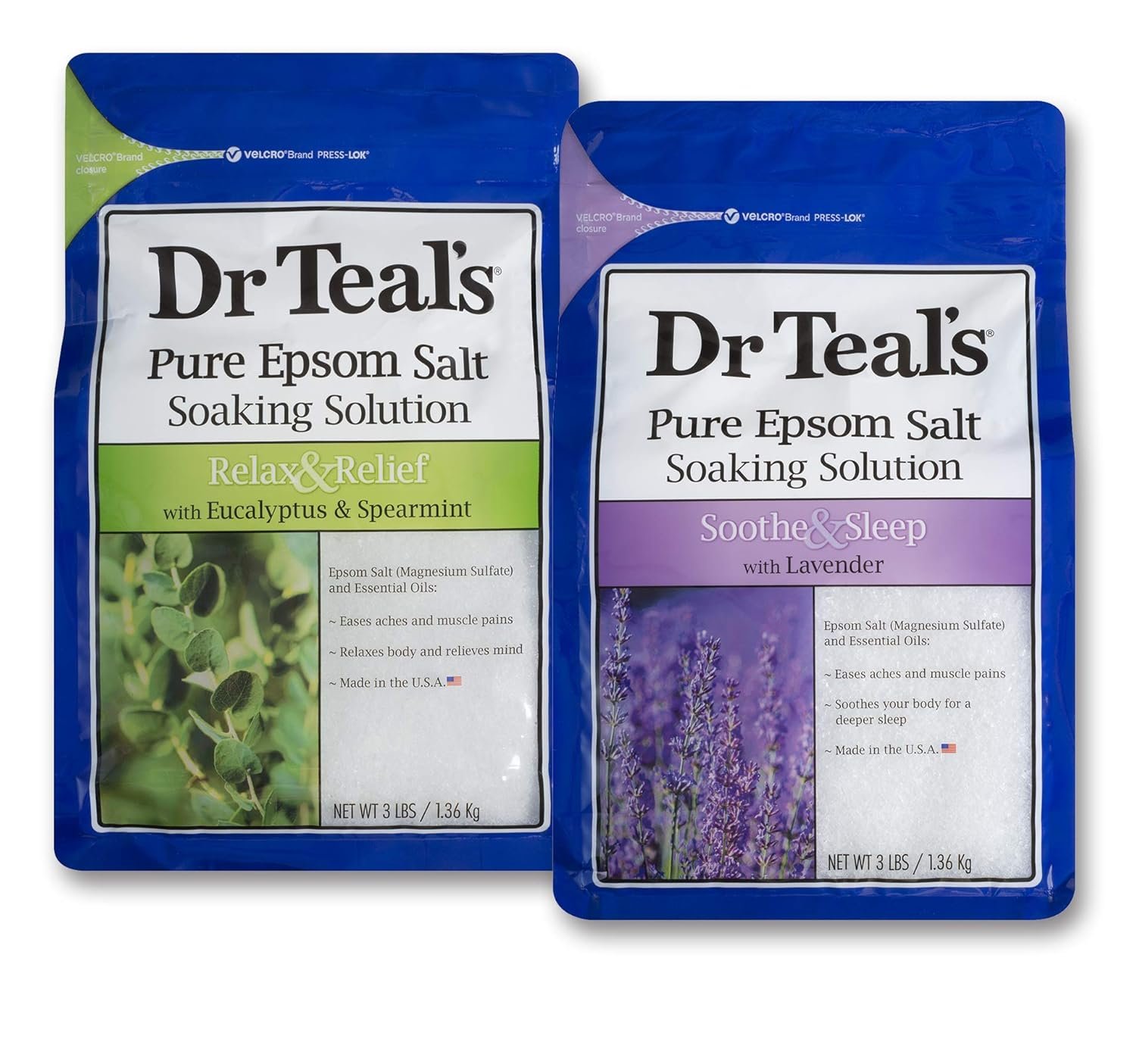 Dr Teal’s Epsom Salt Bath Soaking Solution, Eucalyptus and Lavender, 2 Count, 3lb Bags – 6lbs Total