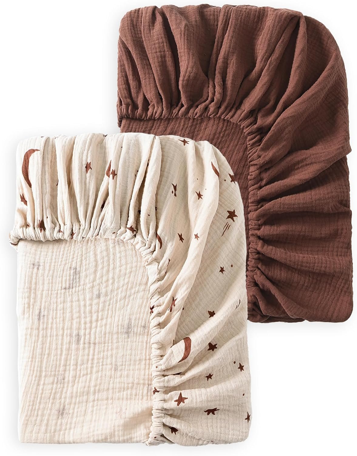 Baby Crib Sheets 2 PCS, 100% Organic Cotton Crib Sheet for Standard Crib Mattress(52”x 28”), Fitted and Soft Breathable Muslin Crib Mattress Sheet for Girl and Boy (Star, Brown)