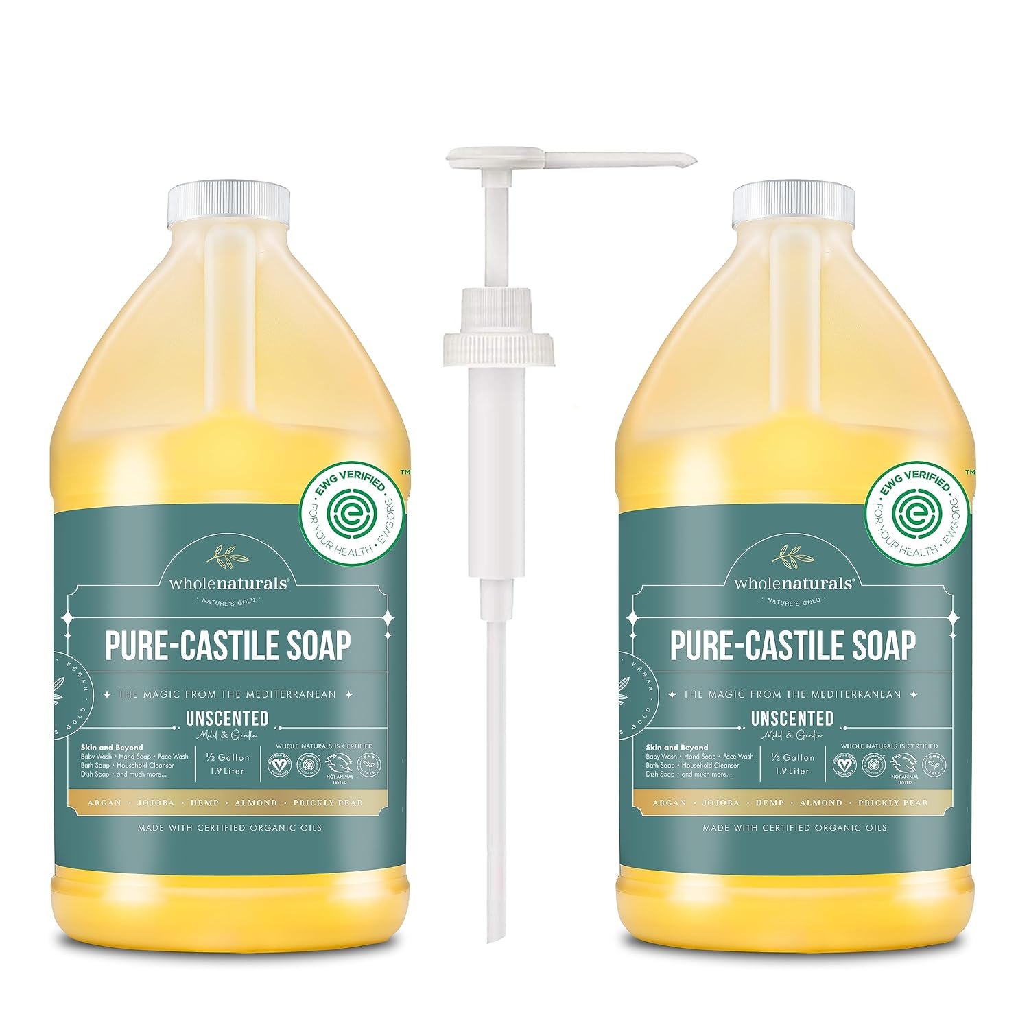 WHOLENATURALS Pure Castile Soap Liquid, EWG Verified & Certified Palm Oil Free Unscented, Natural, Mild & Gentle Non-gmo & Vegan – Organic Body Wash, Laundry, Pet/Dog and Baby Soap -Pack of 2 w/pump