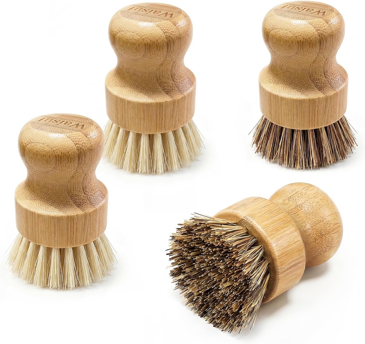 Bamboo Dish Brush Set, 4 Pack, Plastic-Free (2 Medium Sisal, 2 Firm Coconut Coir), Dish Scrubber & Vegetable Brush for Cast Iron, Nonstick