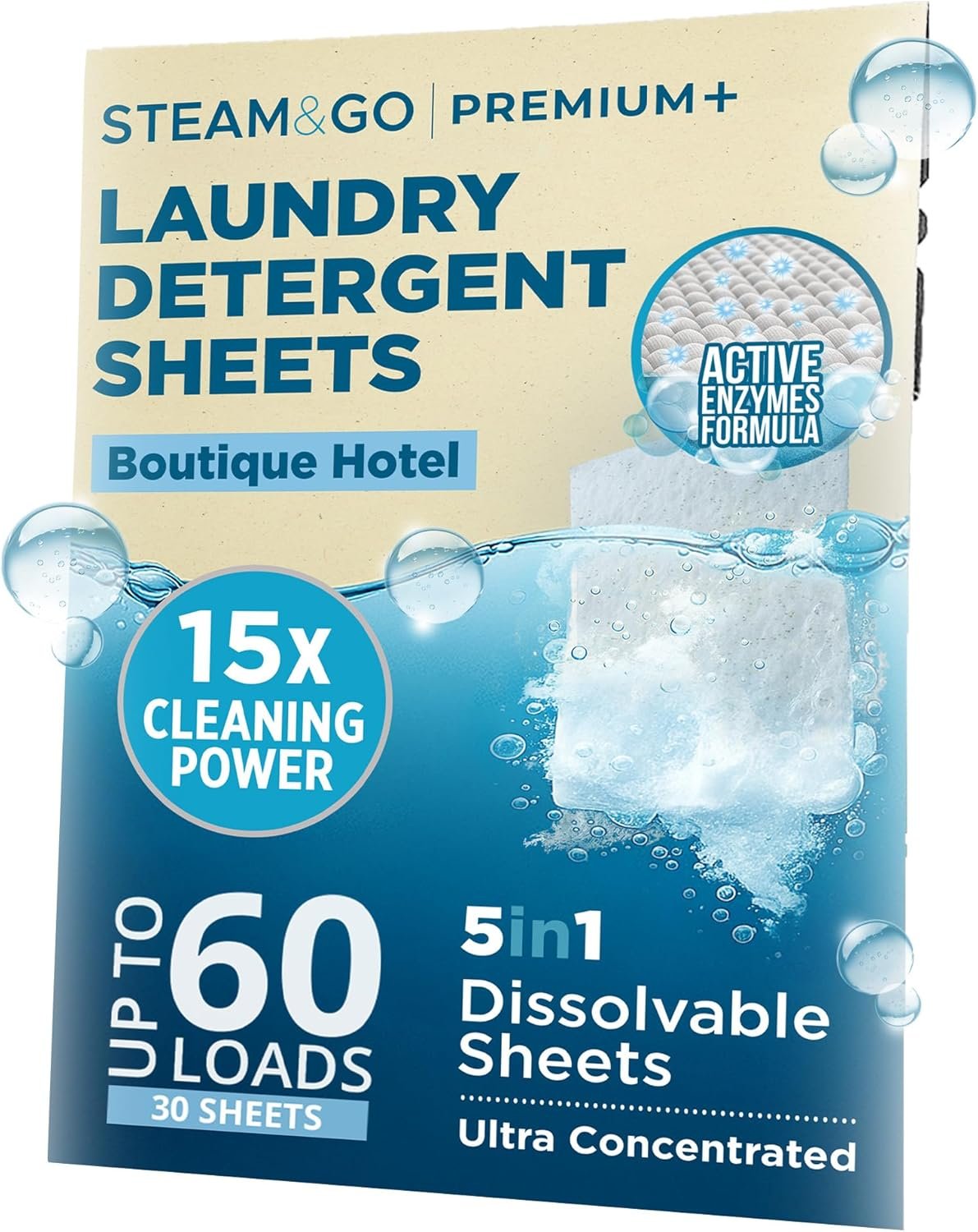 Steam & Go 5-in-1 Premium+ Dissolvable Laundry Detergent Sheets – Boutique Hotel Scent, 30 Count