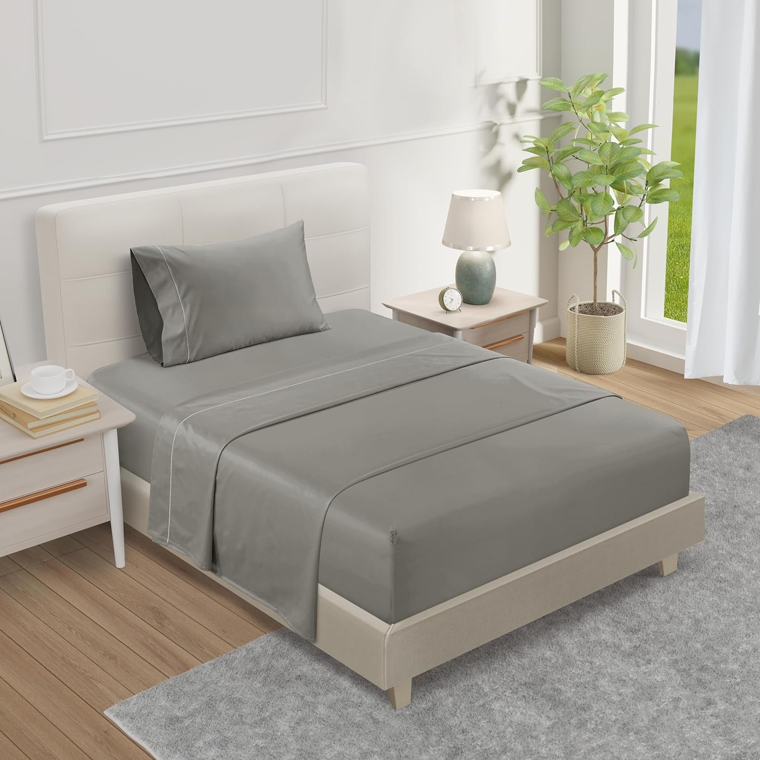 800 Thread Count 100% Egyptian Cotton Twin Sheets Set for Twin Matress, 15″ Deep Pocket Sheets, No Pilling & Shrinkage Machine Washabe Fade Resistant Luxury Hotel Bedding- Silver