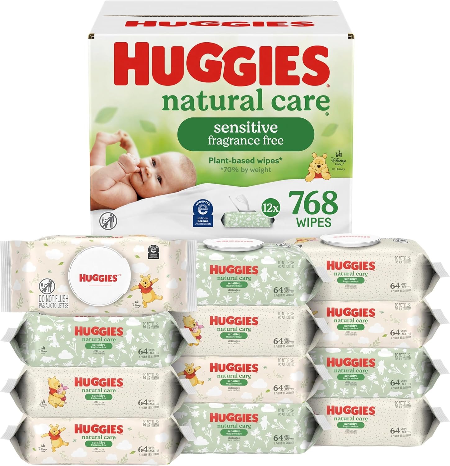 Huggies Natural Care Sensitive Baby Wipes, Unscented, Hypoallergenic, 99% Purified Water, 12 Flip-Top Packs (768 Wipes Total), Packaging May Vary