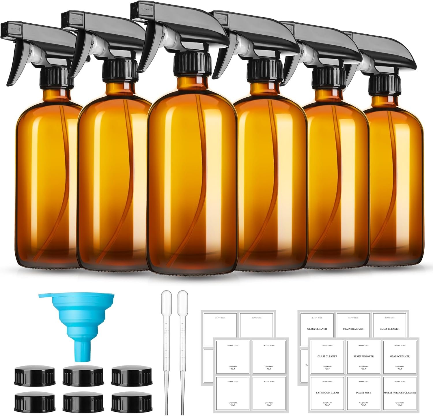 16oz Amber Glass Spray Bottles,6 Pack Glass Spray Bottles Refillable Empty Bottle with Adjustable Nozzle,Spray Bottle for Essential Oils,Cleaning,Pets,Hair Mister