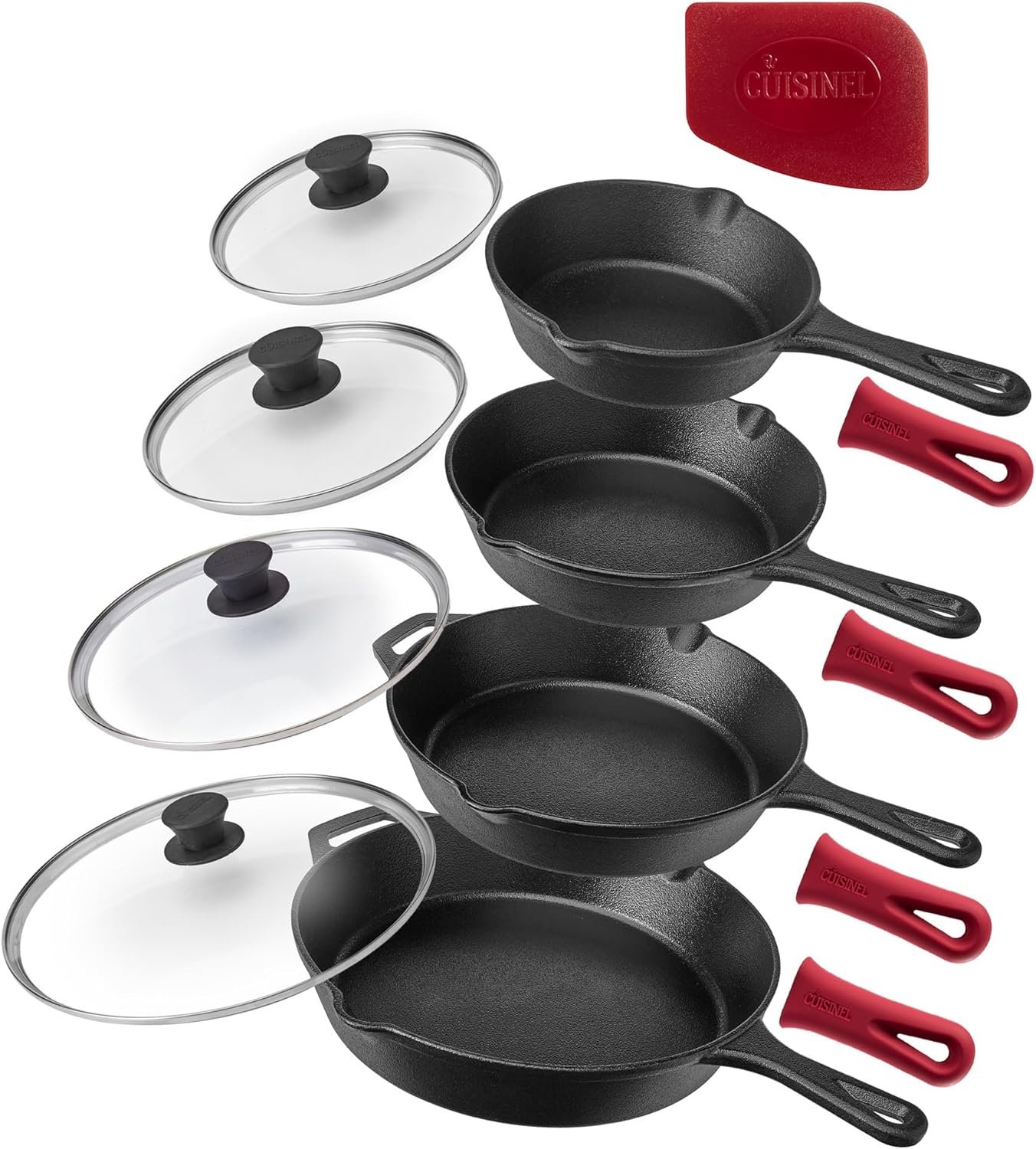 Cuisinel 6″+8″+10+12″-Inch Cast Iron Skillets Set + Glass Lids + Silicone Handle Grips – Pre-Seasoned Frying Pan – Oven Cookware – Use Indoor/Outdoor, Grill, Stovetop, Fire, Camping, Kitchen