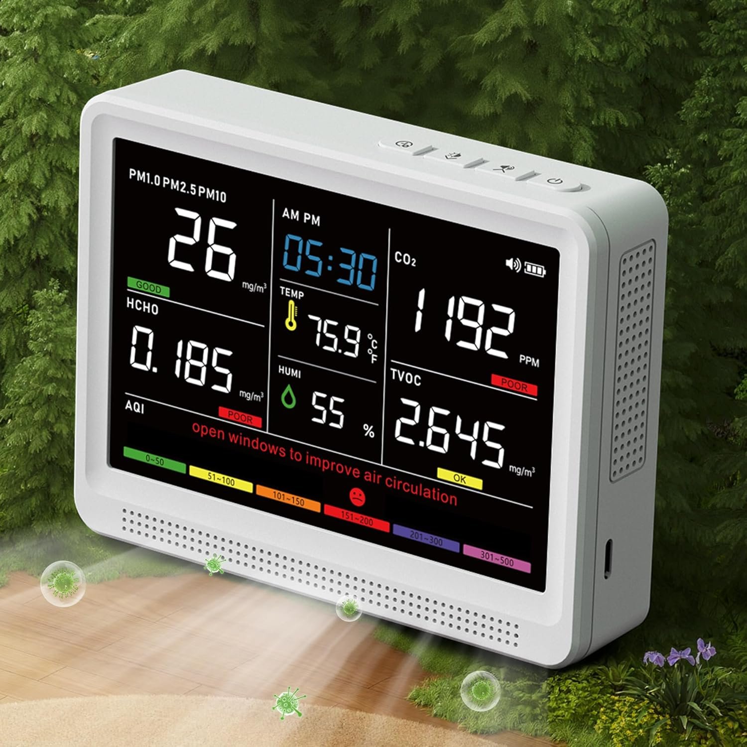 bonoch 16 in 1 Air Quality Monitor Indoor 10h-Battery & 5.5″ Display 9 AQI+7 AQI Alerts, CO2 Monitor, Air Quality Tester for CO2, TVOC PM2.5 PM1.0 PM10 HCHO Temperature Humidity AQI & Time Air Meter