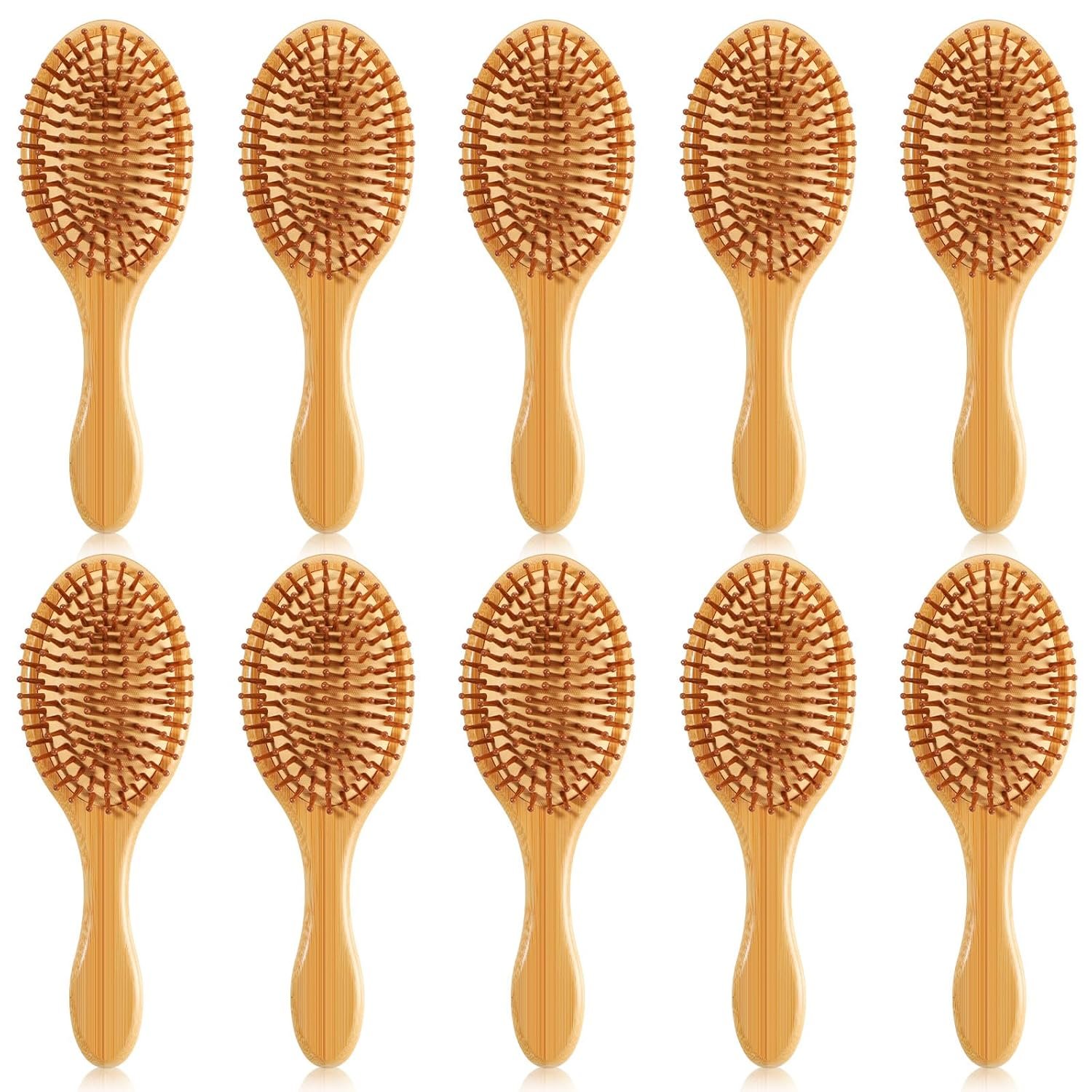 10 Pcs Bamboo Hair Brush, Bulk Natural Wooden Paddle Brush Bamboo Detangling Hairbrush Round-tipped Bamboos Bristles Lightweight Massage Scalp Hair Combs for All Hairs Types for Women Men