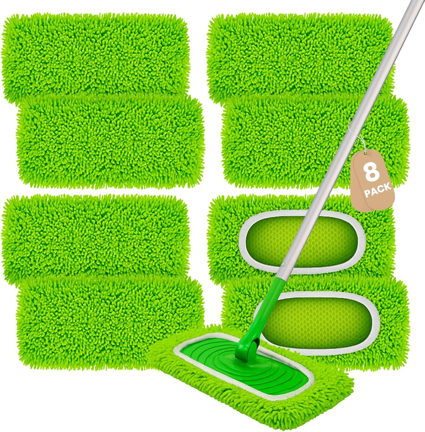 8 Pack Chenille Mop Pads, Reusable Mop Refills for 10”–12” Flat Mops, Washable Wet & Dry Pads for Hard Floors, Compatible with Swiffer Sweeper Mops
