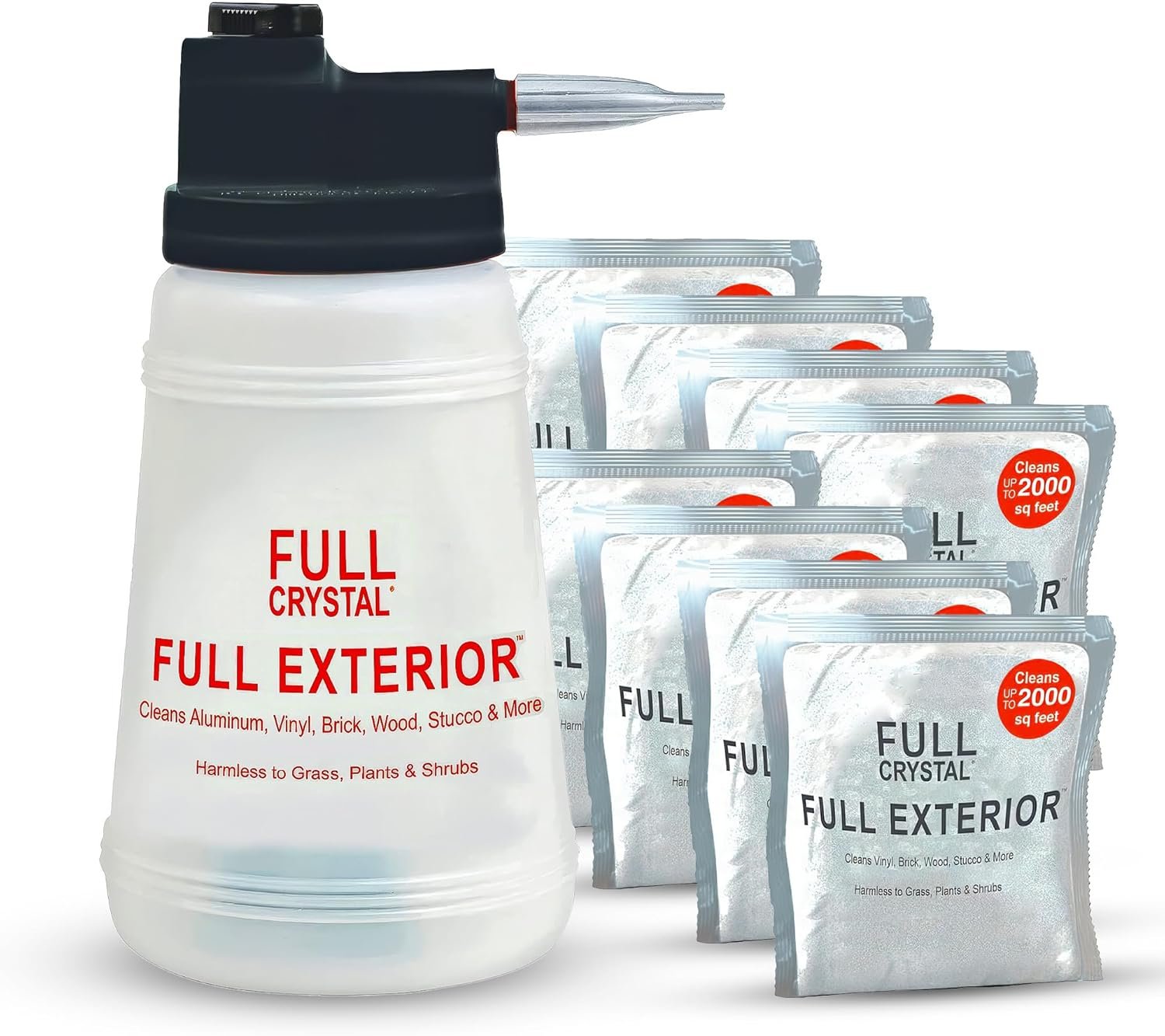 Full Crystal Exterior Window Cleaning Kit + Refill Kit – 4 x 4oz Crystal Powder Packets + 8oz Refill Packets, Non-Toxic, No Scrub, No Rinse, Cleans Glass & Screens with Ease